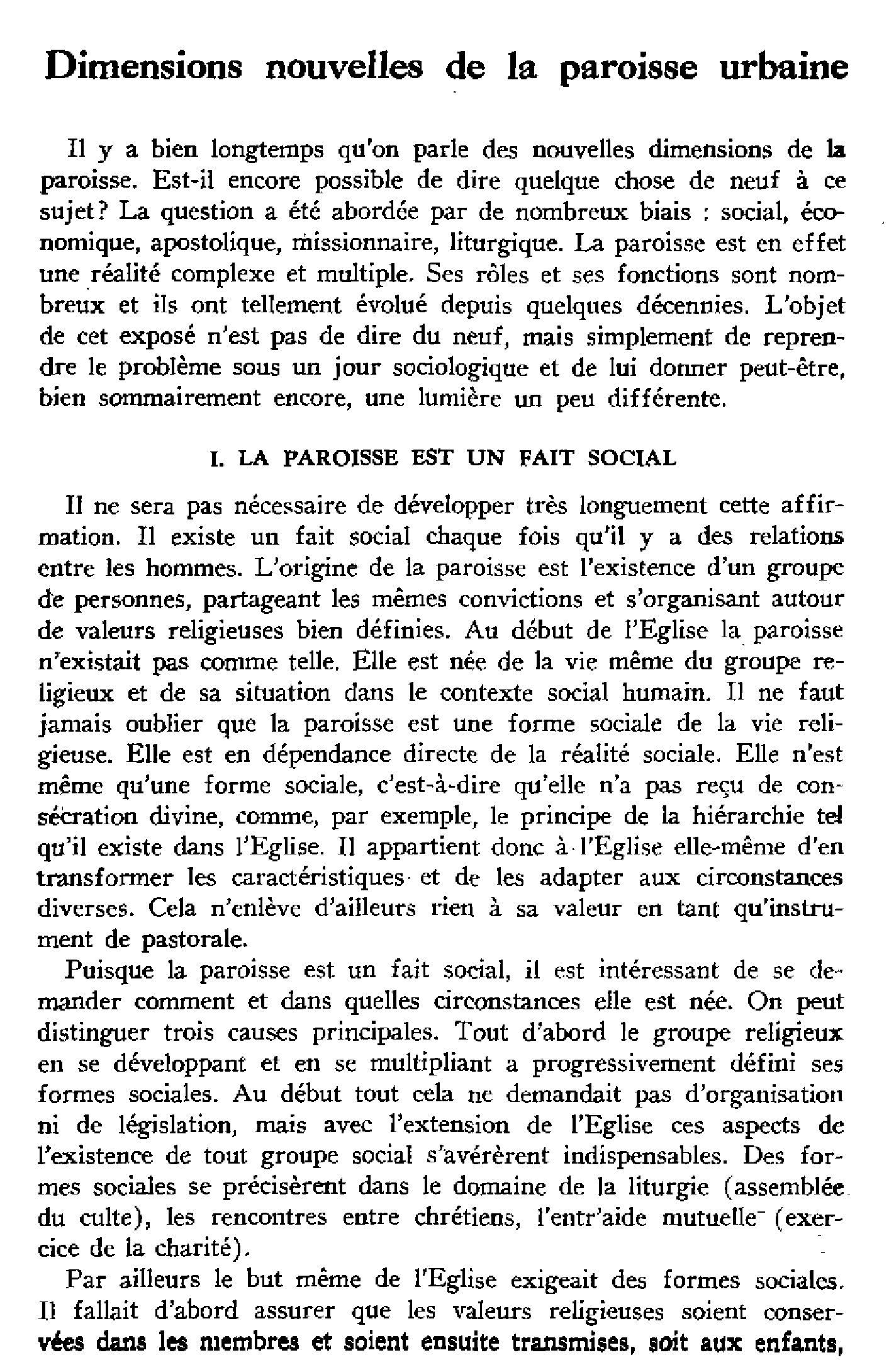 Dimensions nouvelles de la paroisse urbaine