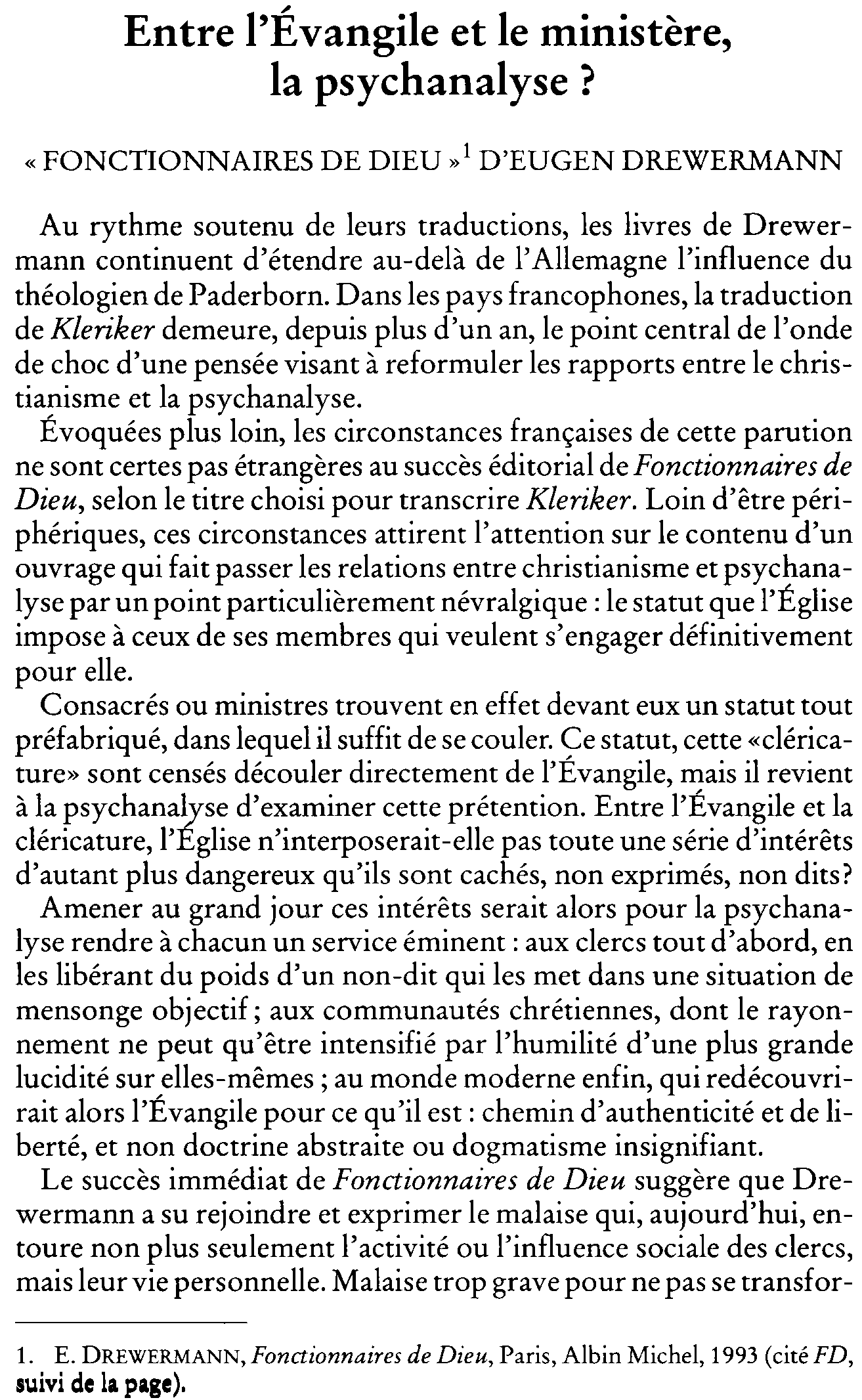 Entre l'Évangile et le ministère, la psychanalyse? « Fonctionnaires de Dieu » d'Eugen Drewermann