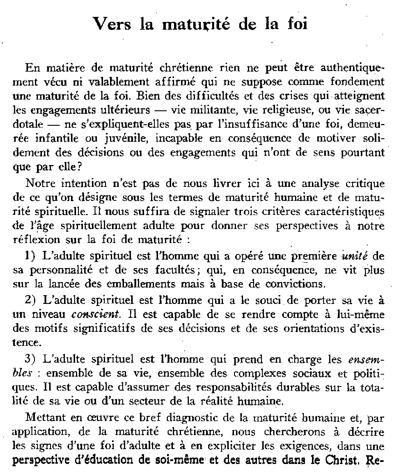 Vers la maturité de la foi