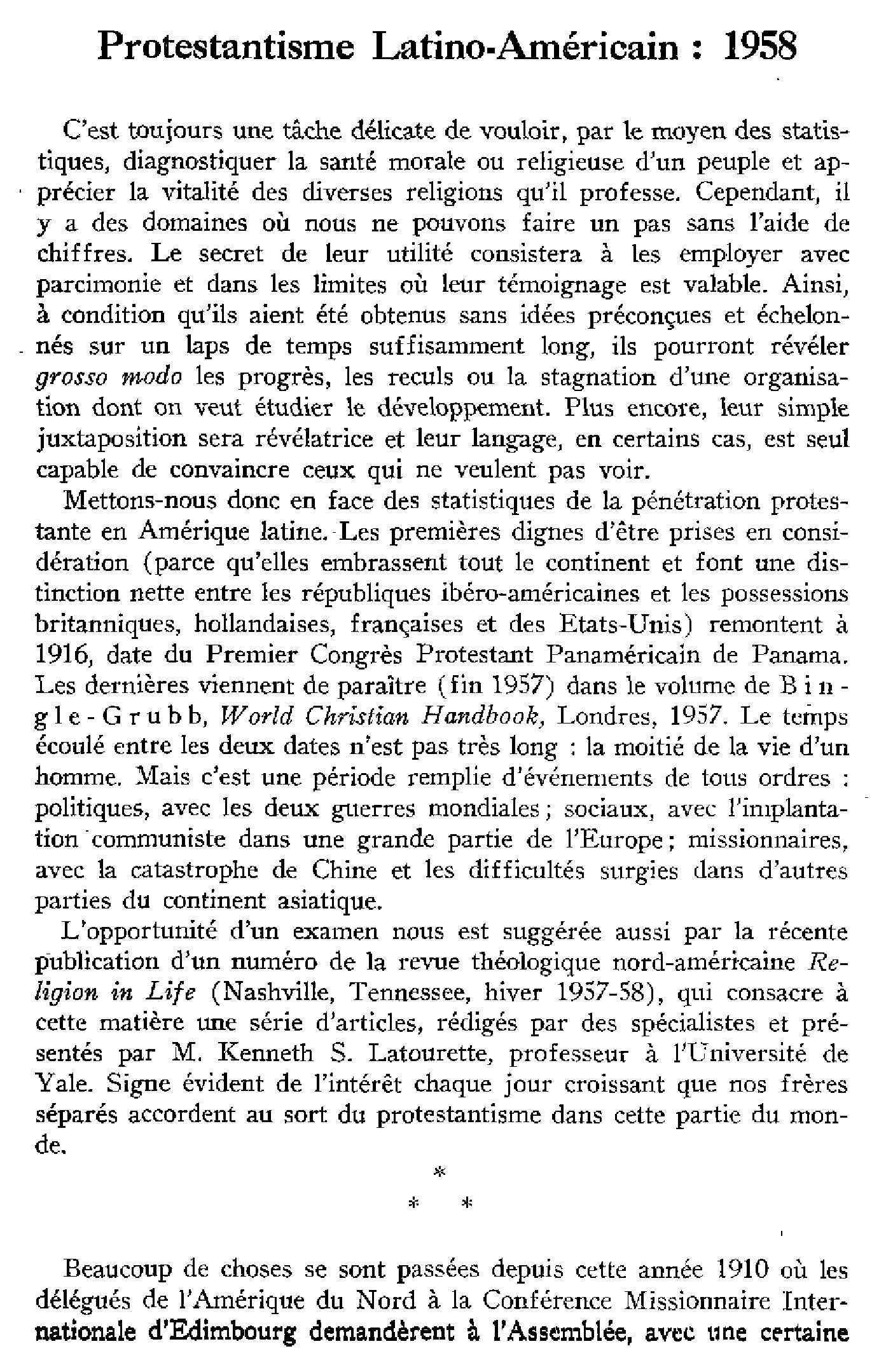 Protestantisme Latino-Américain: 1958 (I)