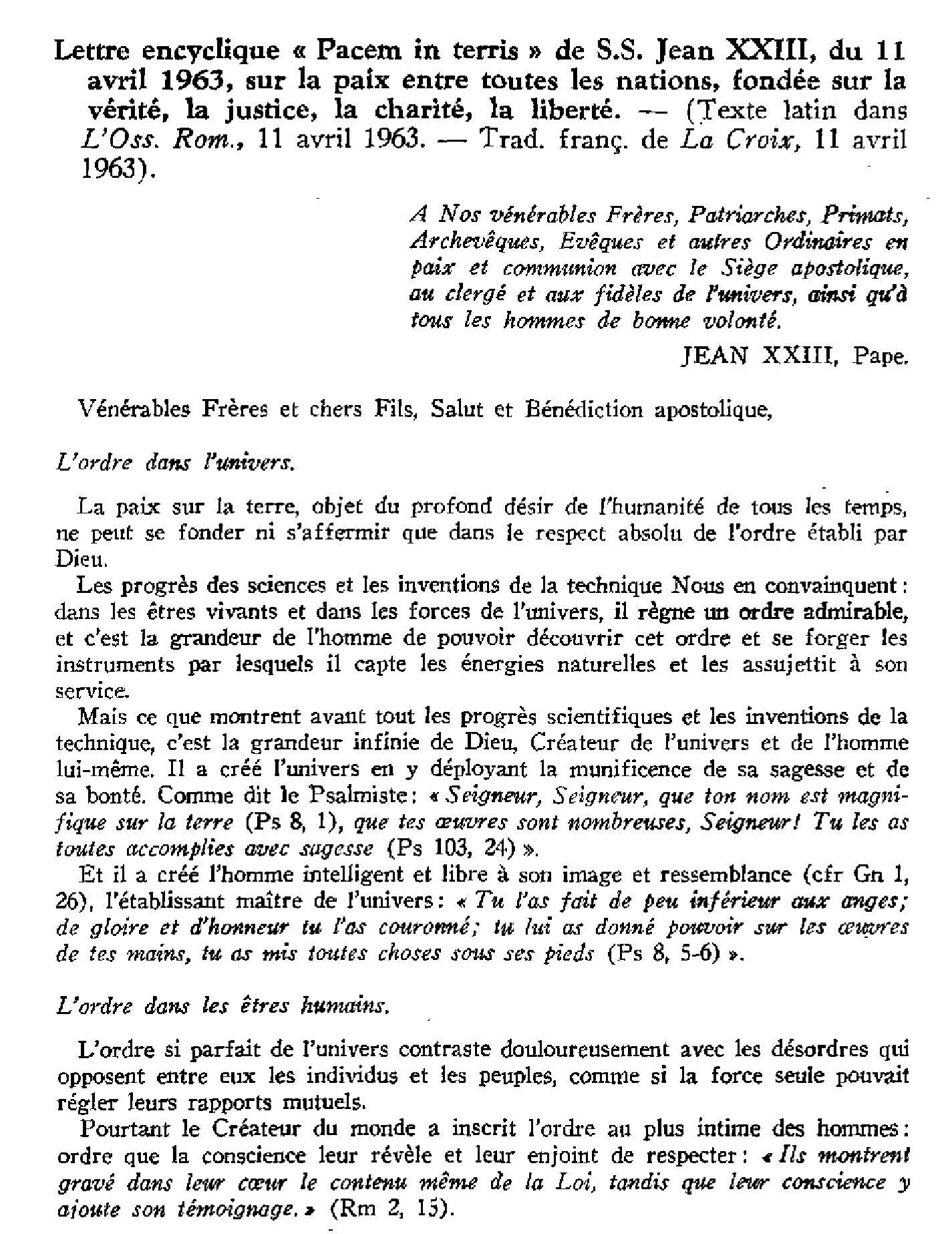 Lettre encyclique Pacem in terris de SS Jean XXIII, du 11 avril 1963
