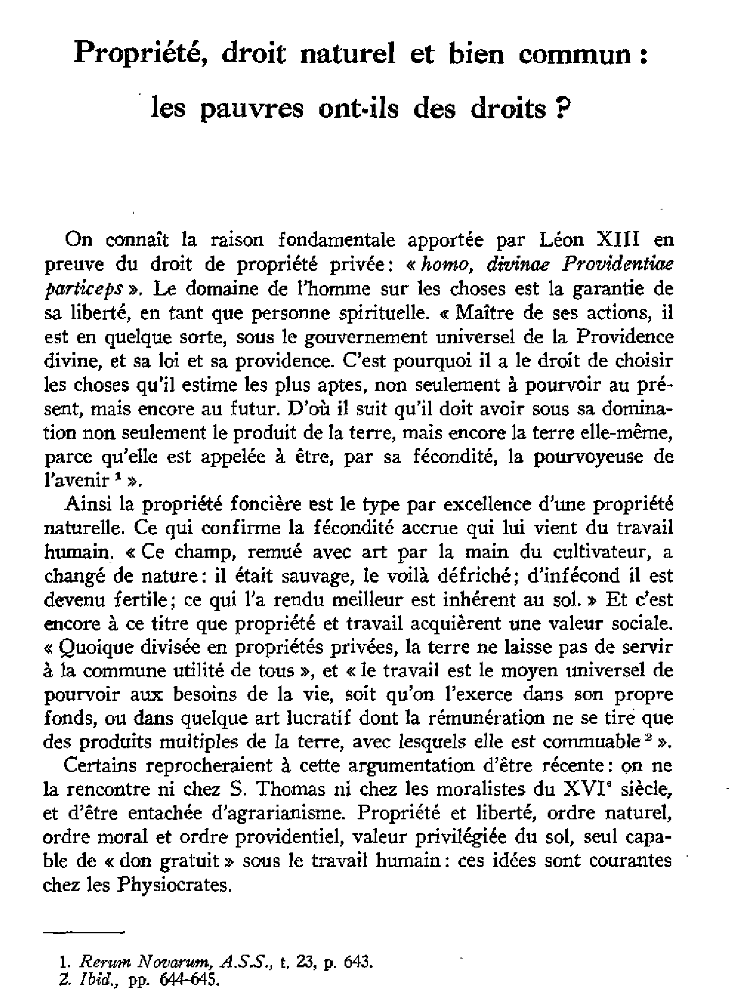 Propriété, droit naturel et bien commun: les pauvres ont-ils des droits?