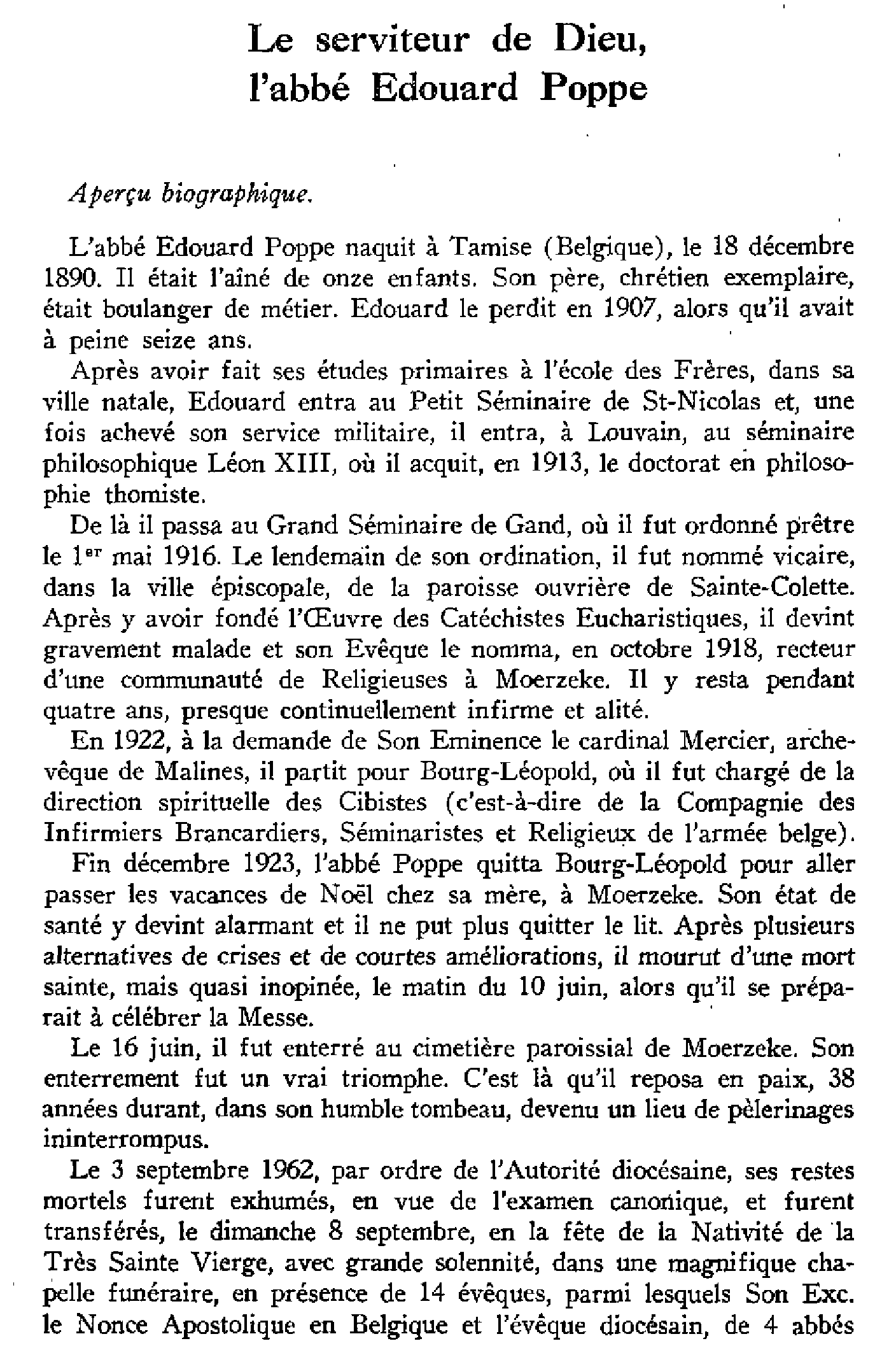 Le serviteur de Dieu, l'abbé Édouard Poppe
