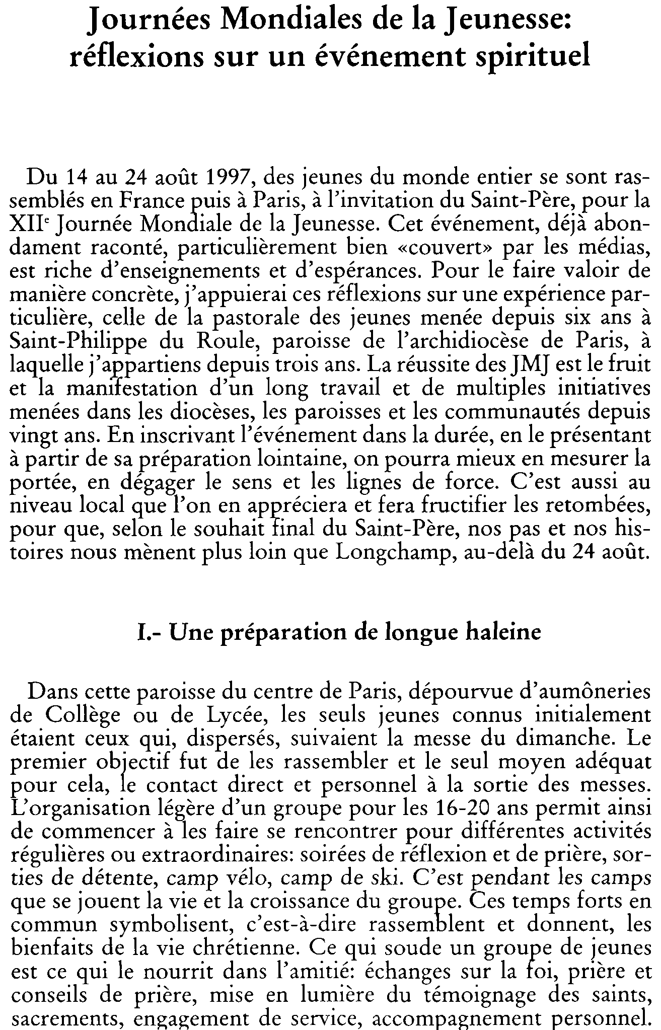 Journées Mondiales de la Jeunesse: réflexions sur un événement spirituel