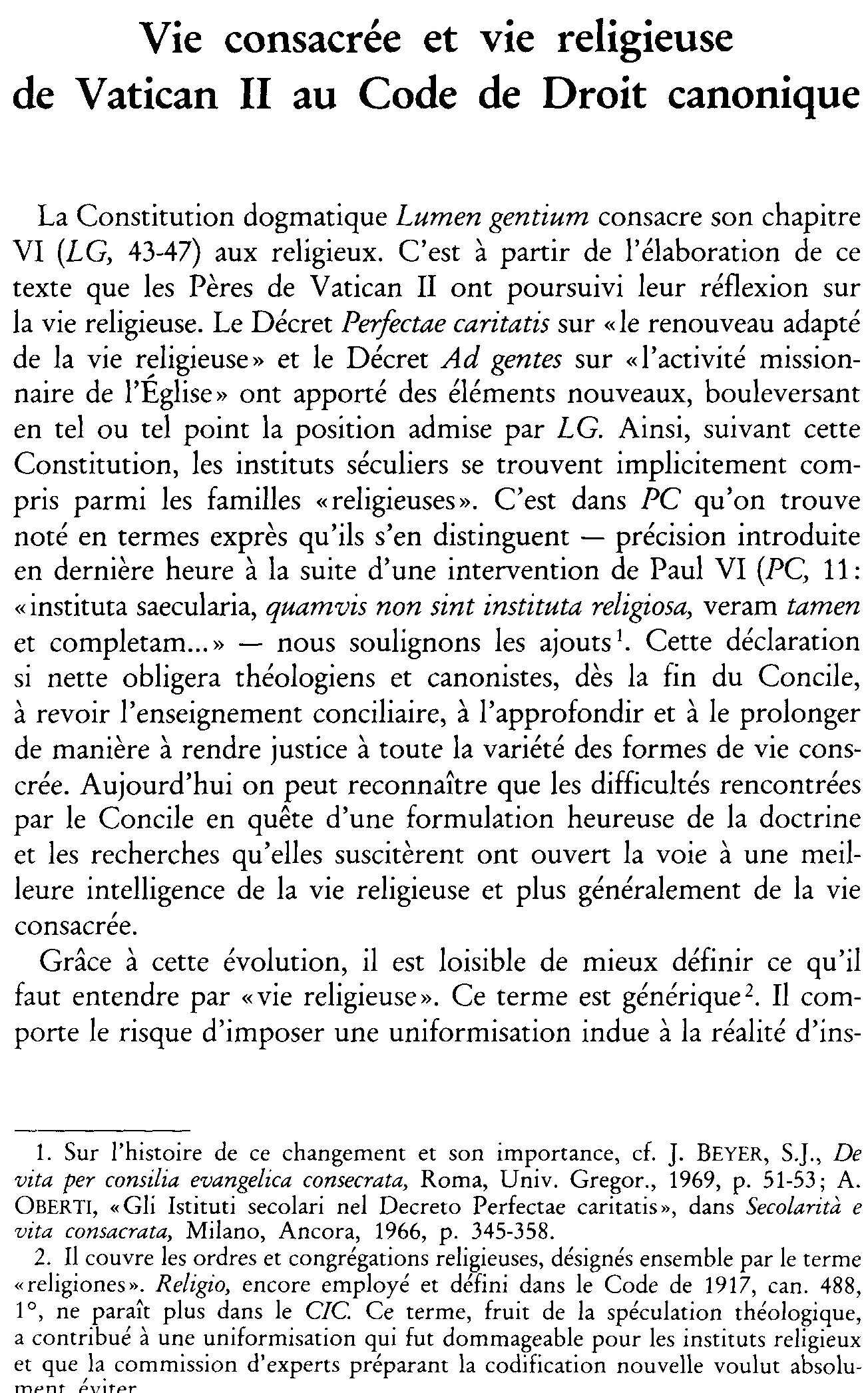 Vie consacrée et vie religieuse de Vatican II au Code de Droit canonique