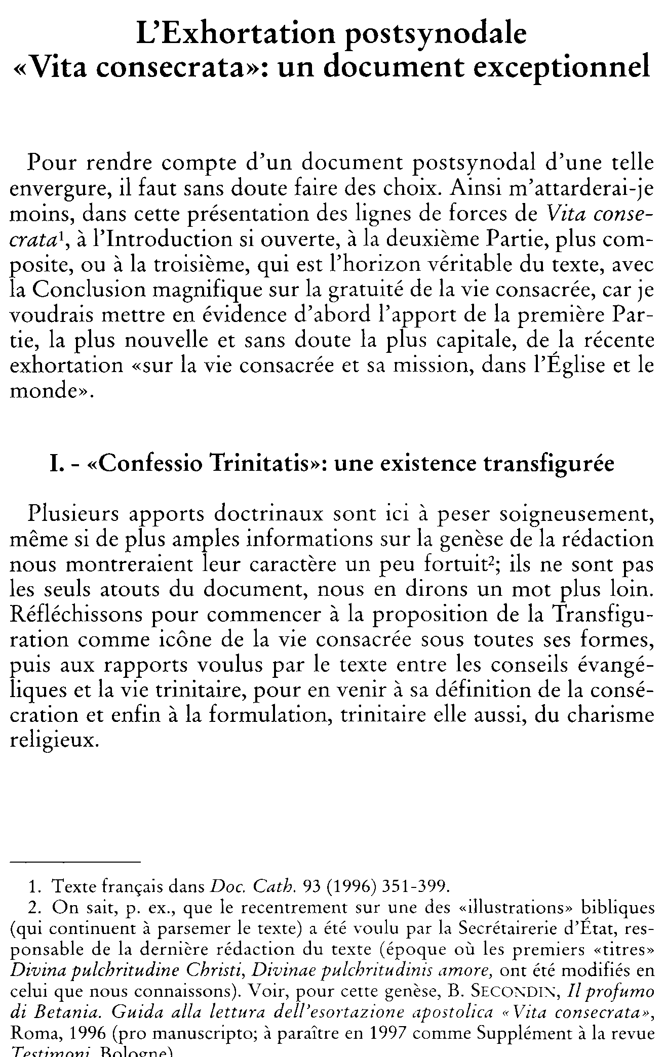 L'Exhortation postsynodale « Vita consecrata": un document exceptionnel