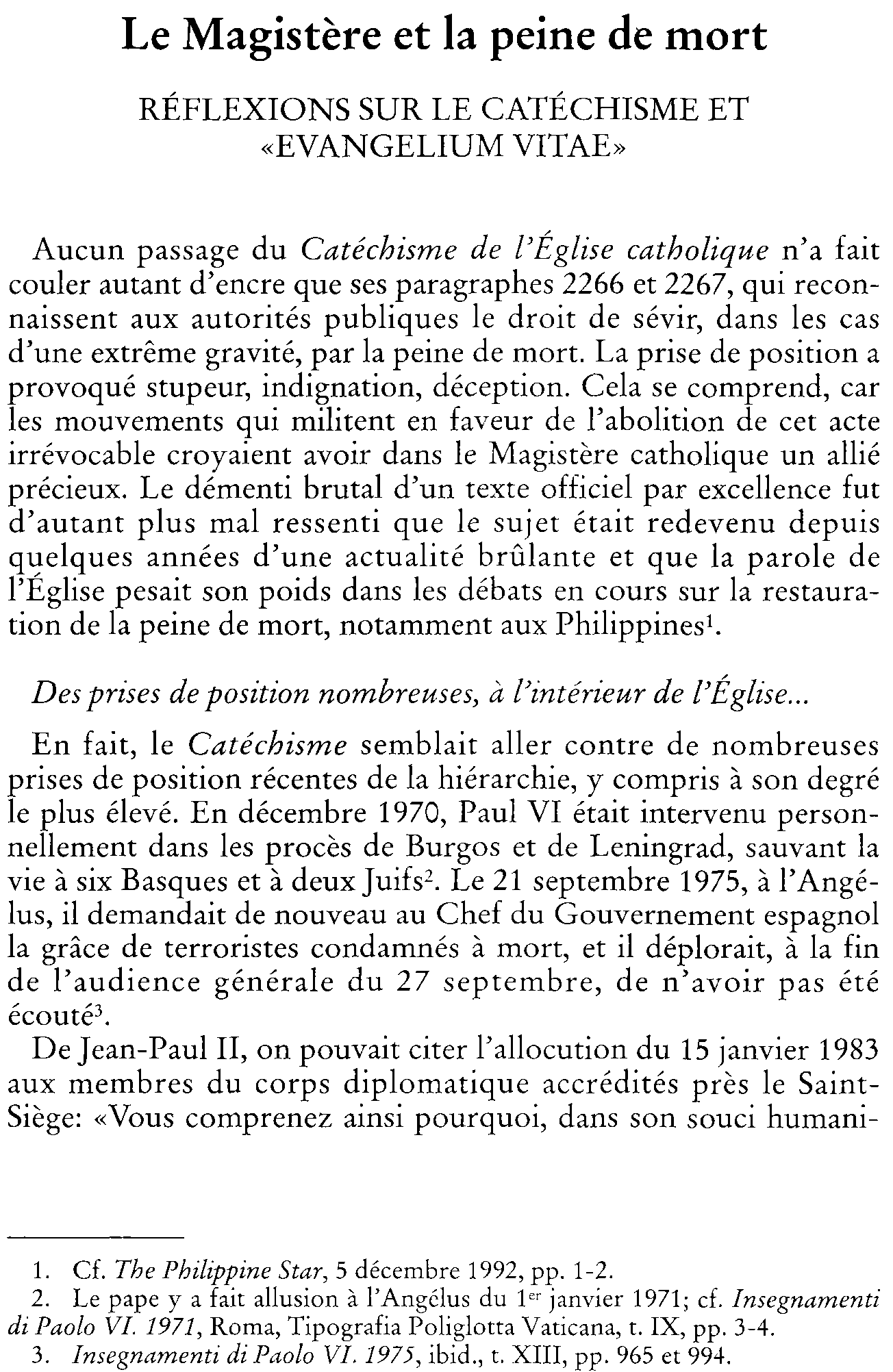 Le Magistère et la peine de mort. Réflexions sur le Catéchisme et « Evangelium vitae"