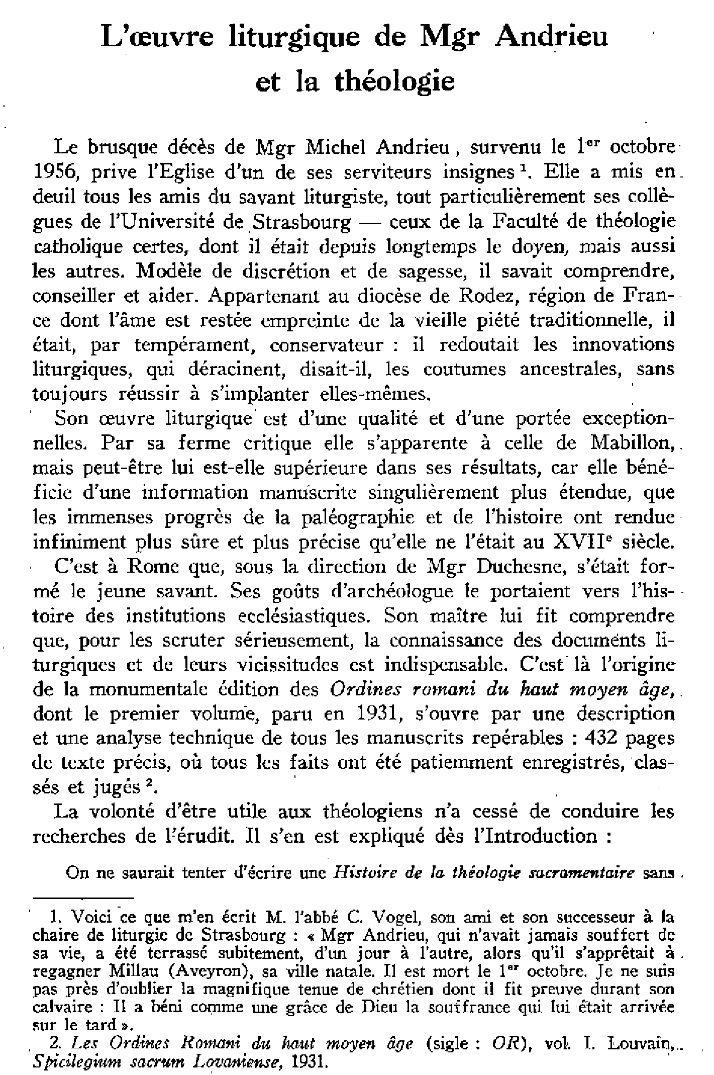 L'oeuvre liturgique de Mgr Andrieu et la théologie