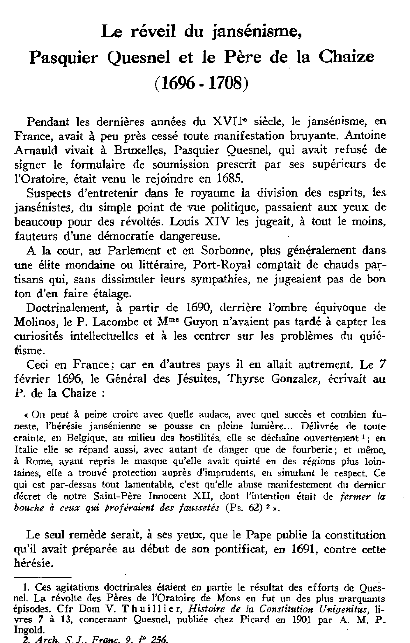 Le réveil du jansénisme, Pasquier Quesnel et le Père de la Chaize (1696-1708)