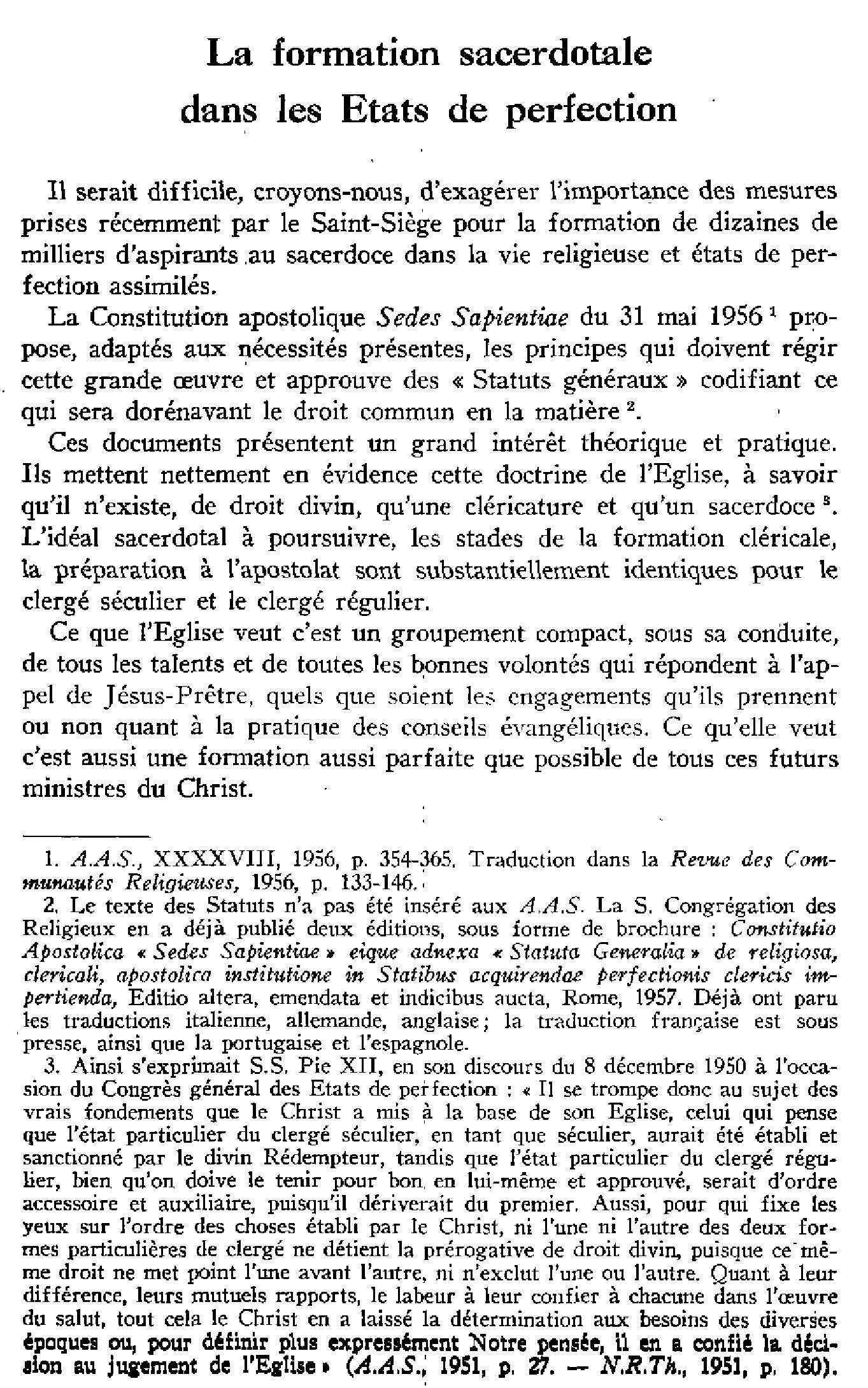 La formation sacerdotale dans les États de perfection
