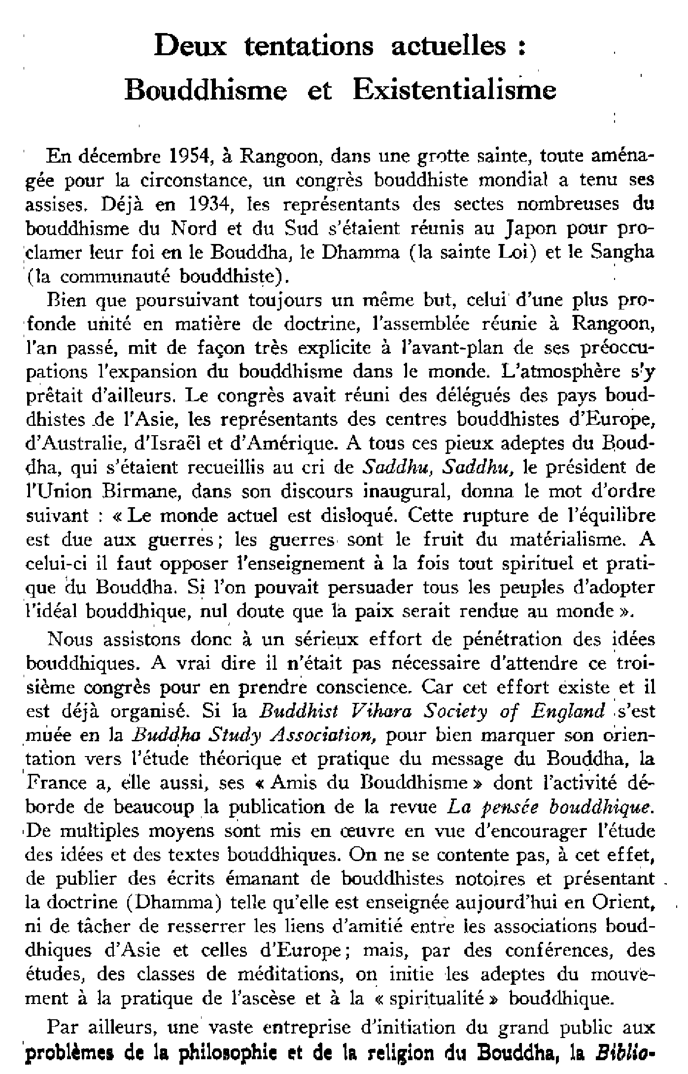 Deux tentations actuelles, Bouddhisme et Existentialisme