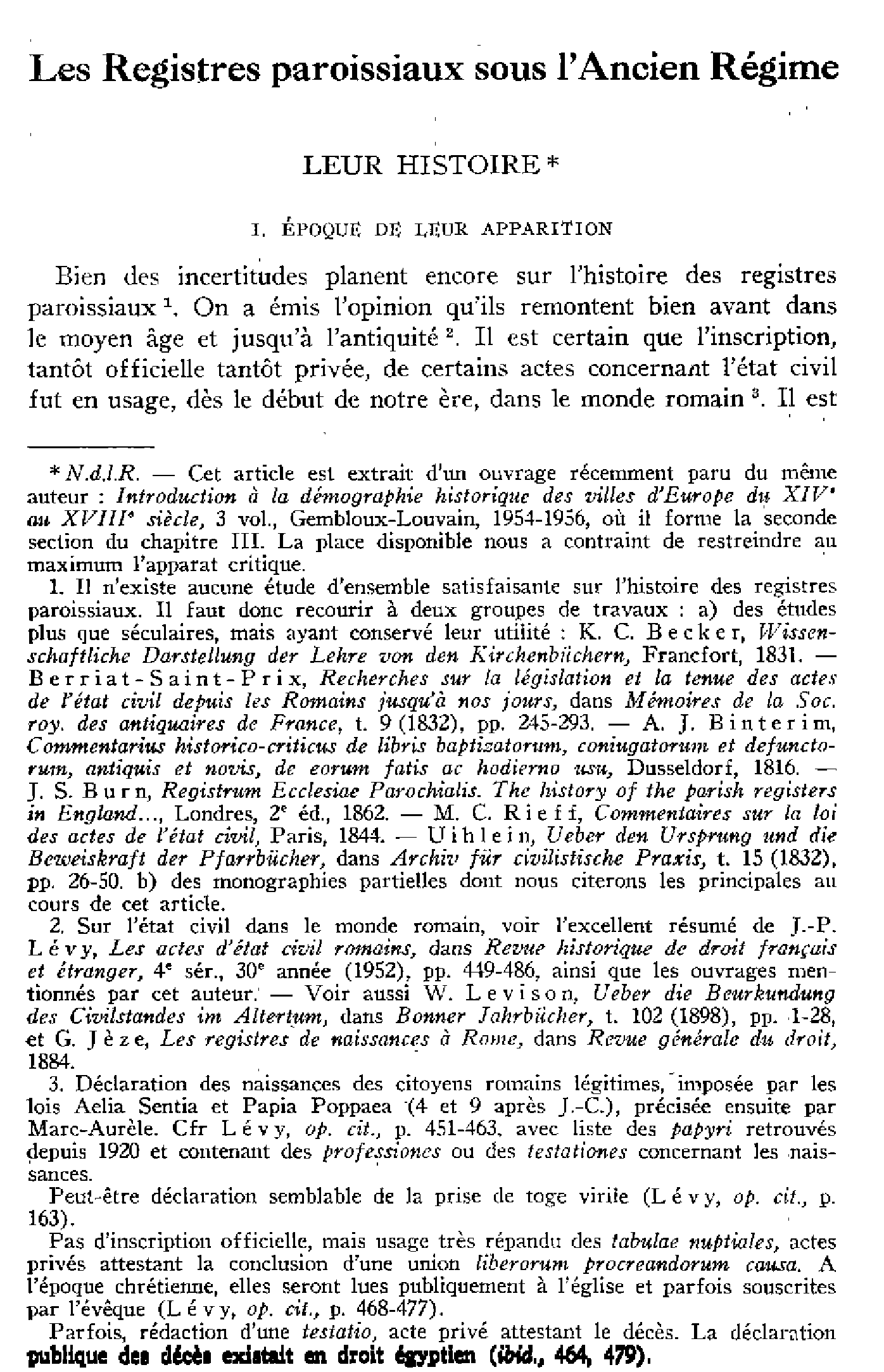 Les Registres paroissiaux sous l'Ancien Régime. Leur histoire