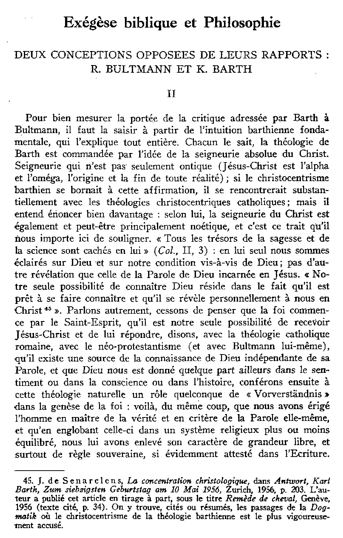 Exegèse biblique et Philosophie. Deux conceptions opposées de leurs rapports : R. Bultmann et K. Barth. II