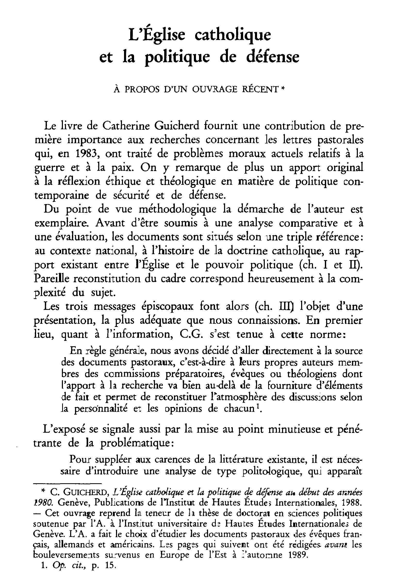 L'Église catholique et la politique de défense. À propos d'un ouvrage récent