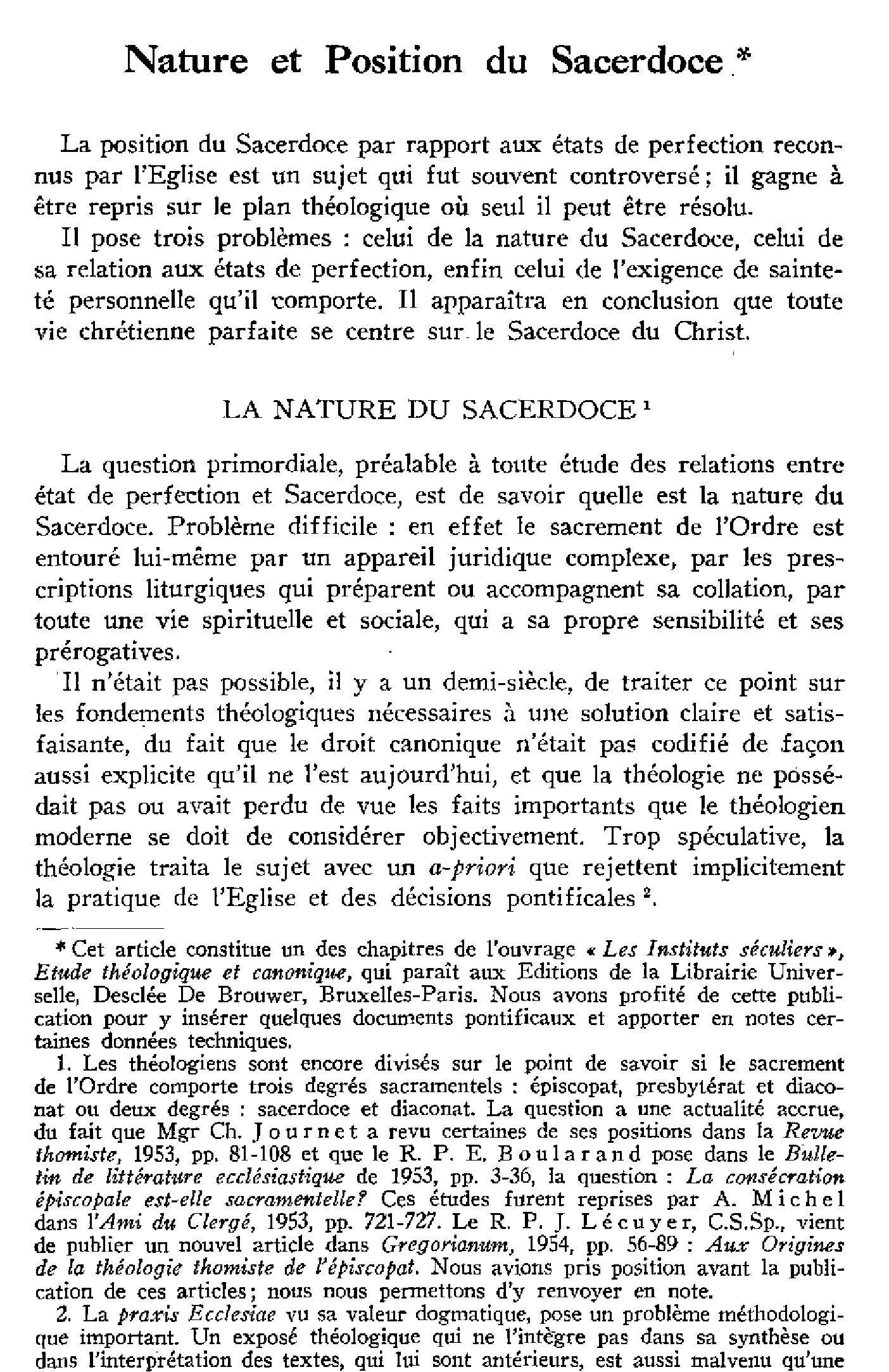 Nature et Position du Sacerdoce