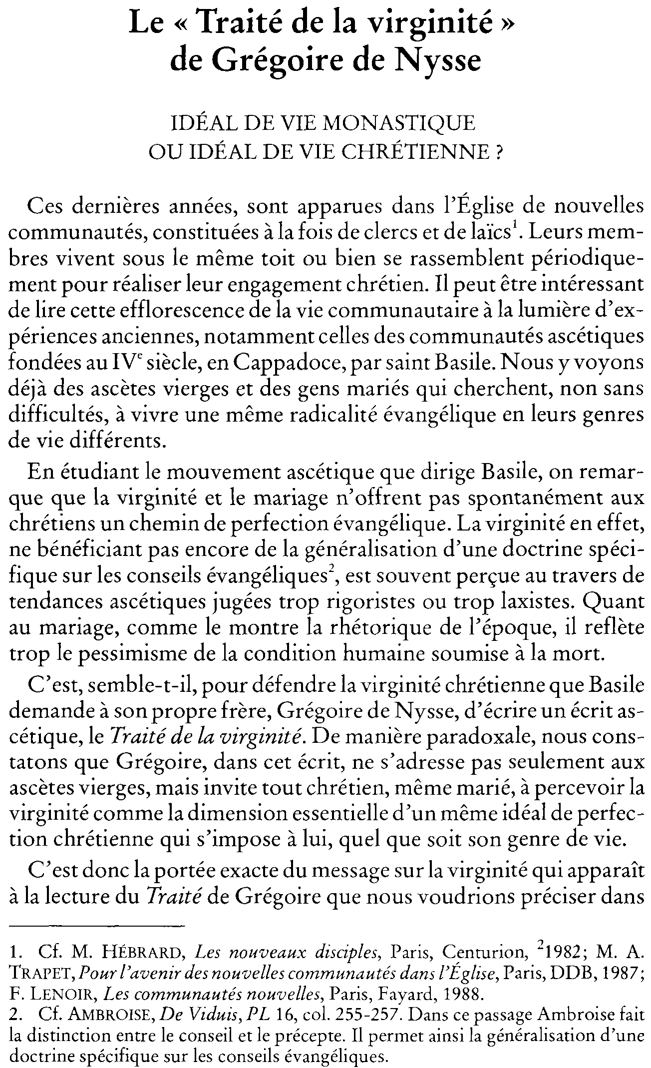 Le Traité de la virginité  de Grégoire de Nysse. Idéal de vie monastique ou idéal de vie chrétienne?