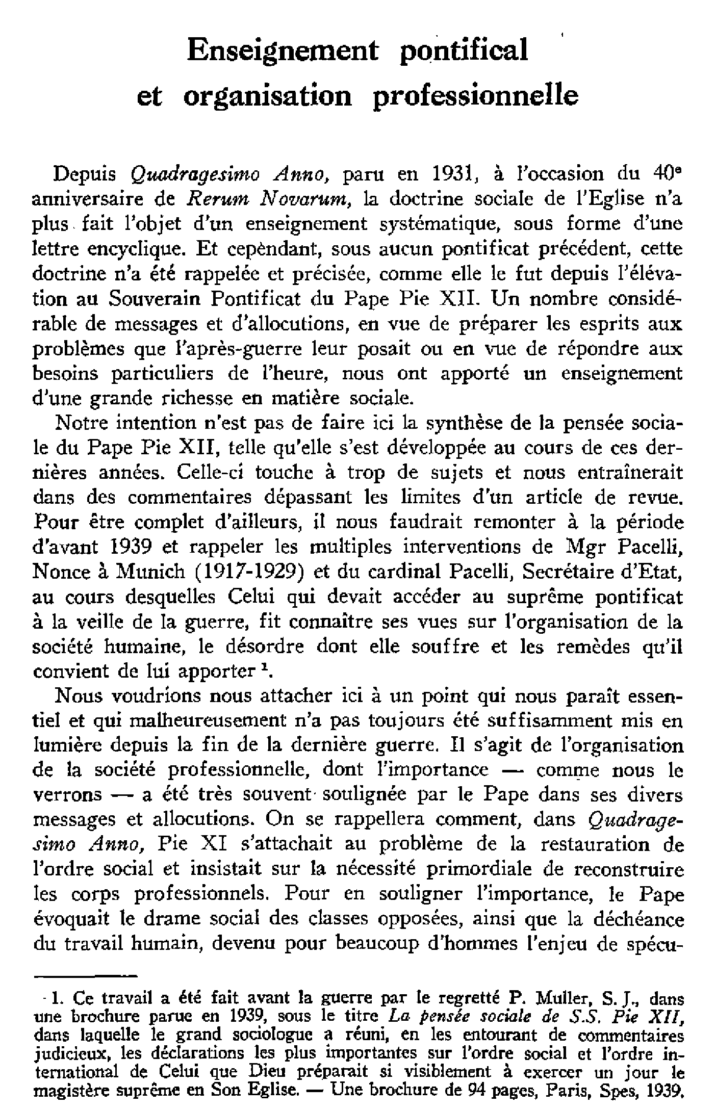 Enseignement pontifical et organisation professionnelle
