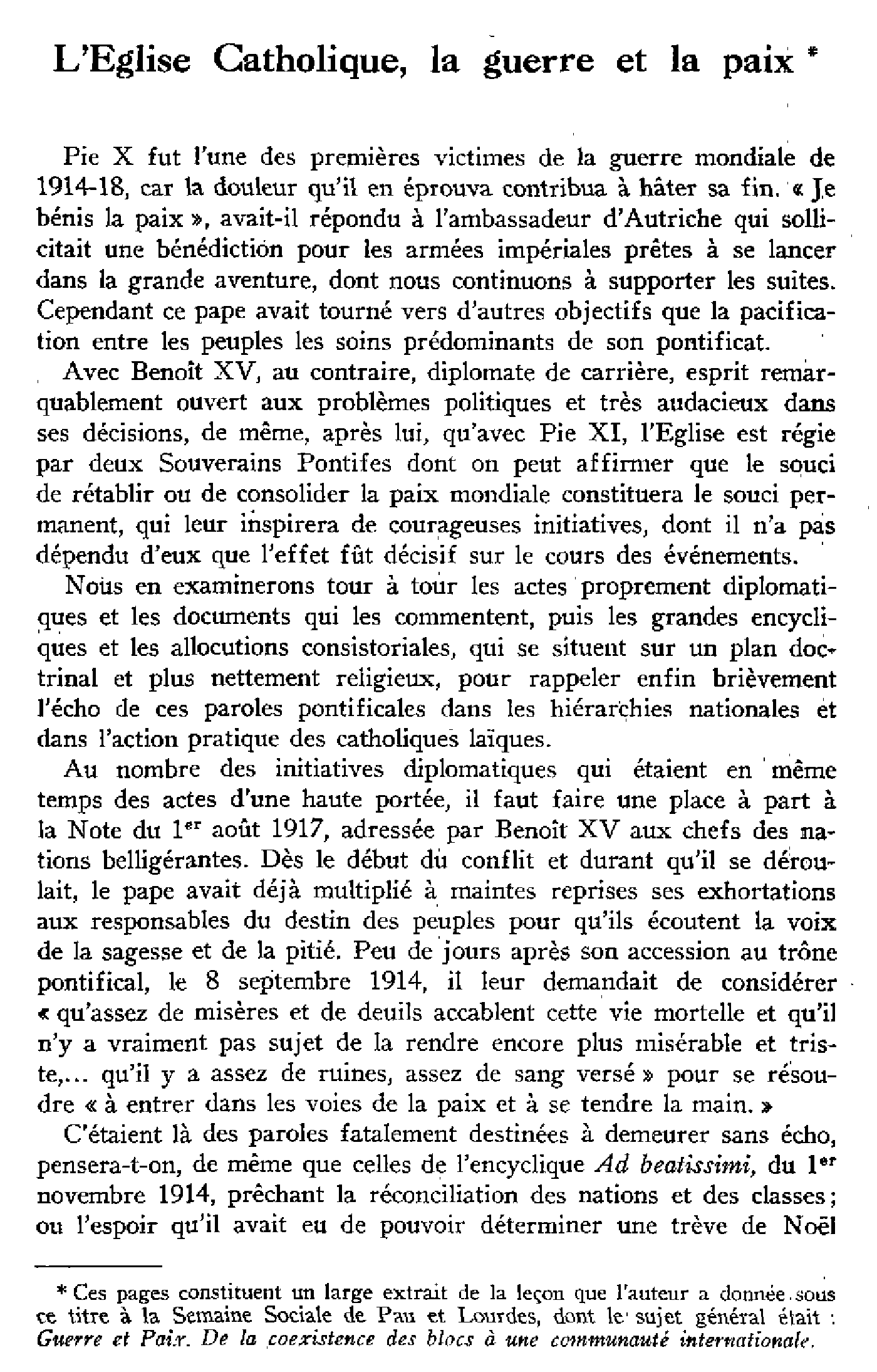 L'Église catholique, la guerre et la paix