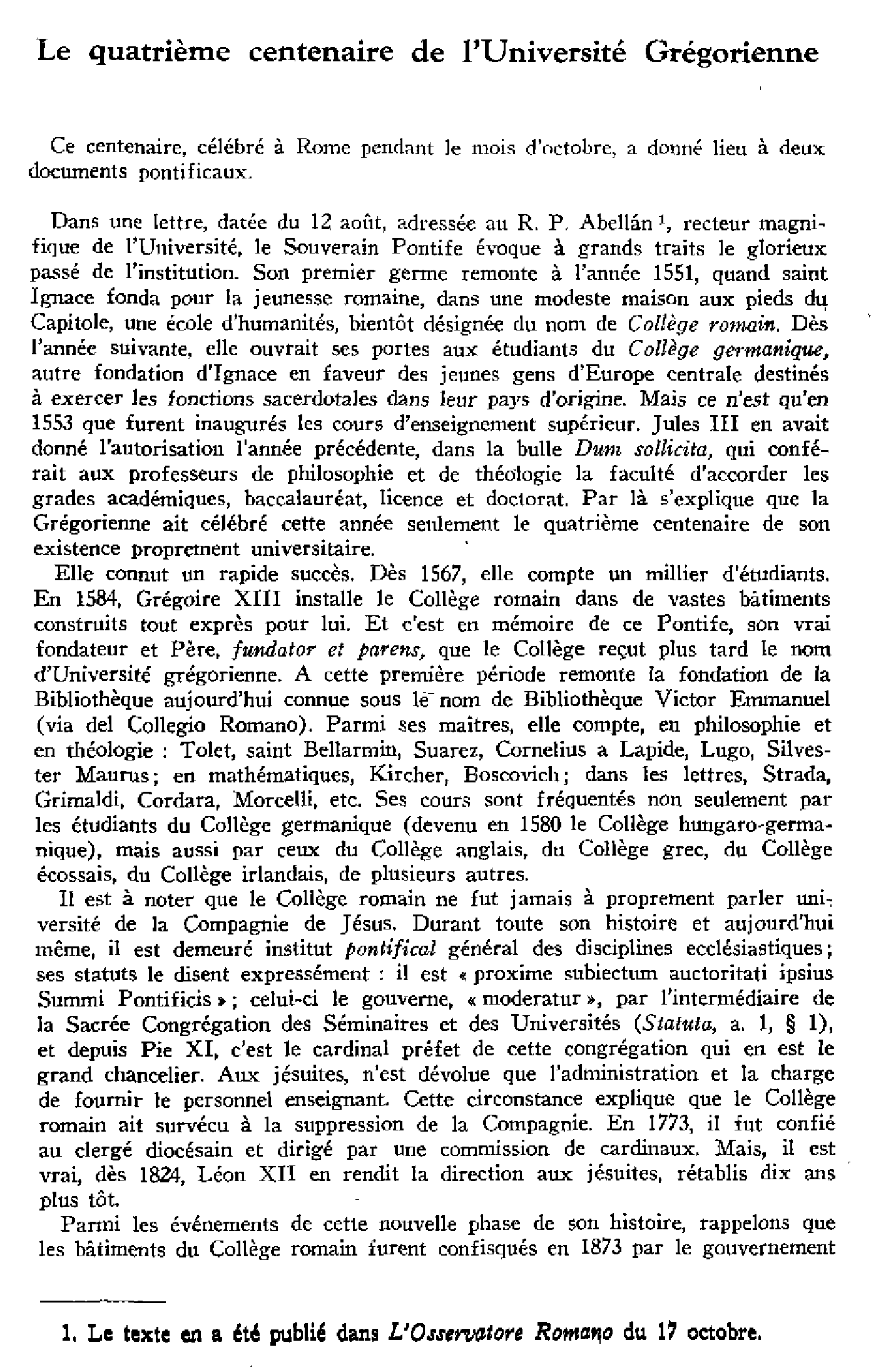 Le quatrième centenaire de l'Université Grégorienne