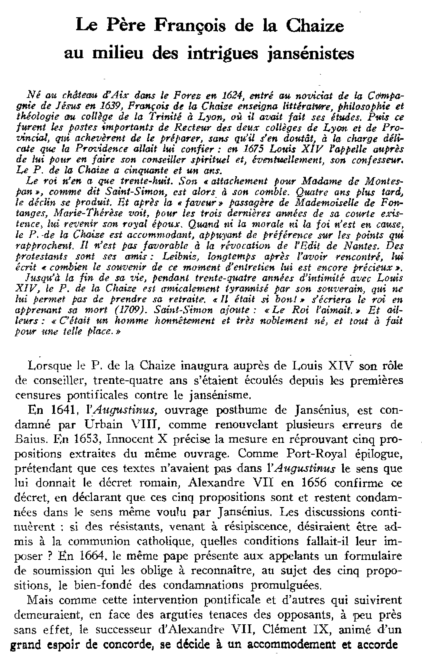 Le Père François de la Chaize au milieu des intrigues jansénistes