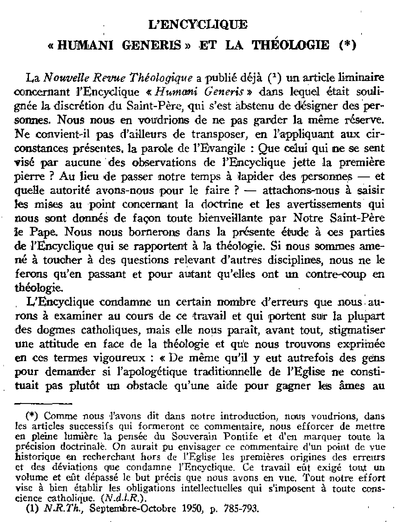 L'encyclique « Humani Generis » et la théologie