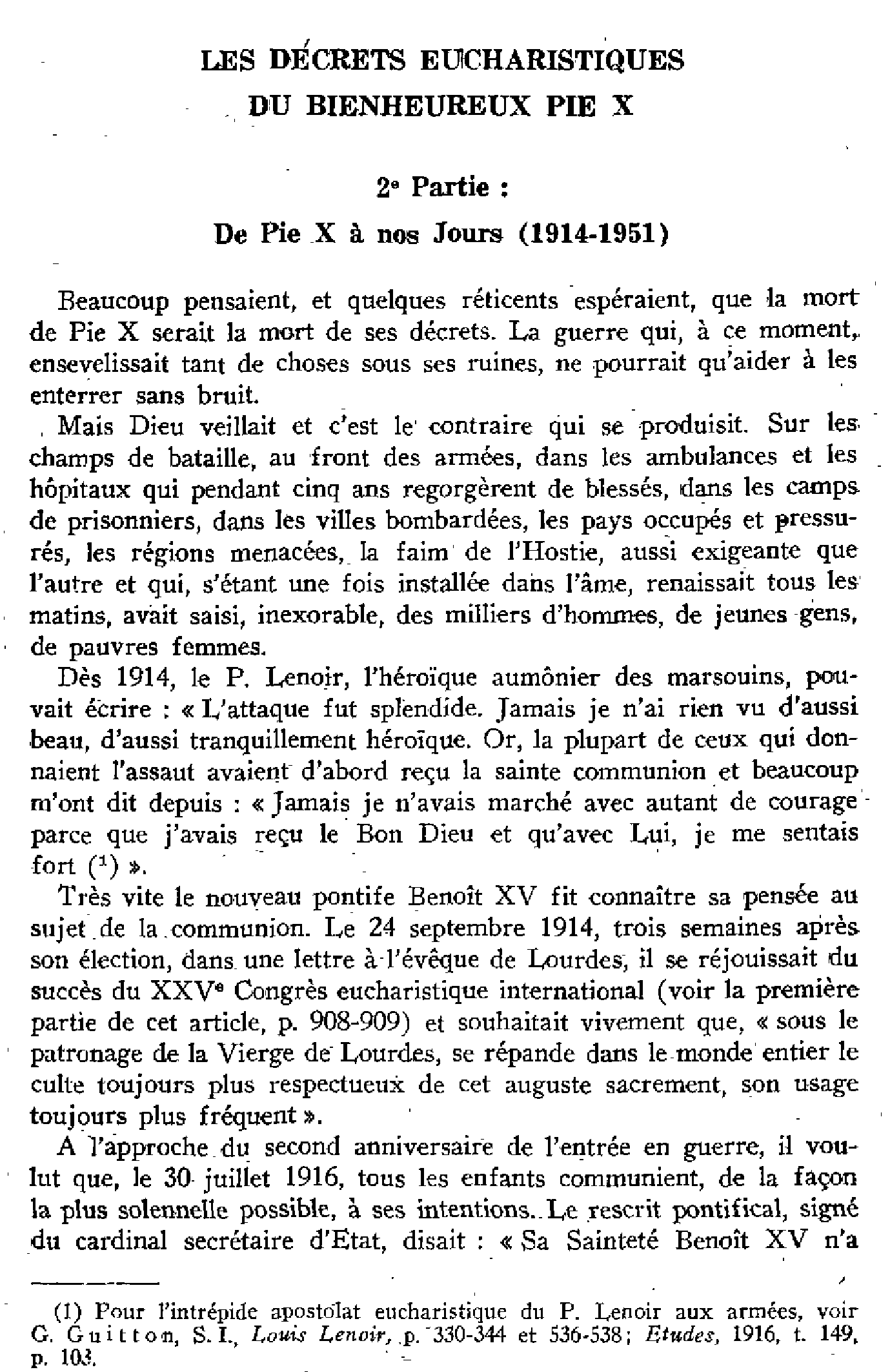 Les décrets eucharistiques du bienheureux Pie X. 2e partie : de Pie X à nos jours (1914-1951)