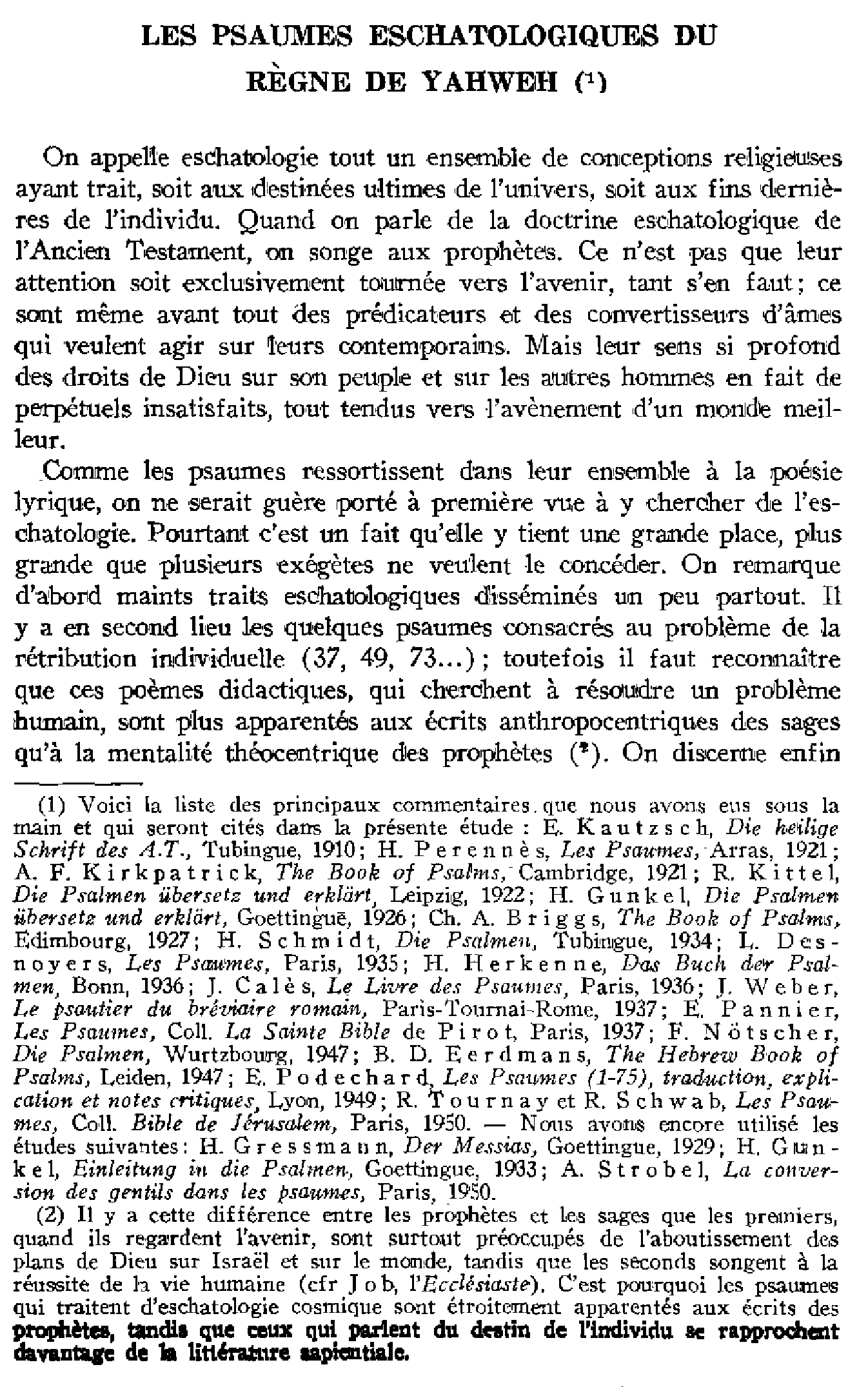 Les psaumes eschatologiques du règne de Yahweh. I