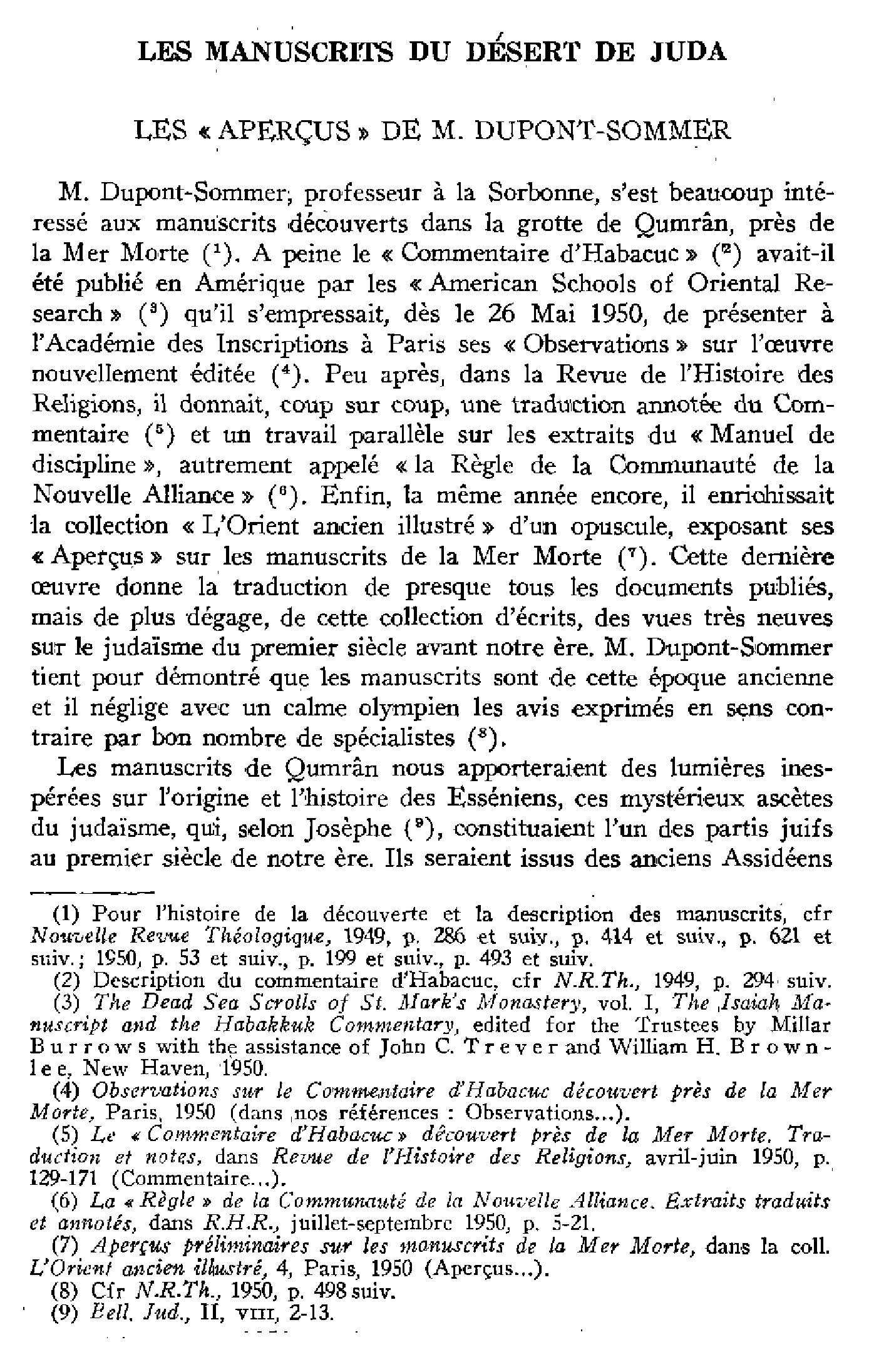 Les manuscrits du désert de Juda. Les « aperçus » de M. Dupont-Sommer