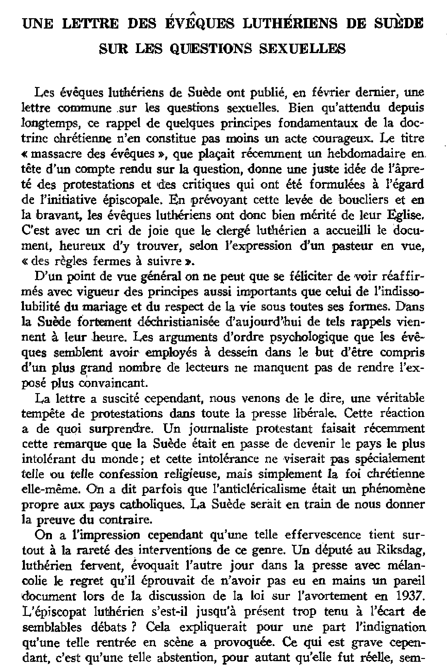 Une lettre des évêques luthériens de Suède sur les questions sexuelles