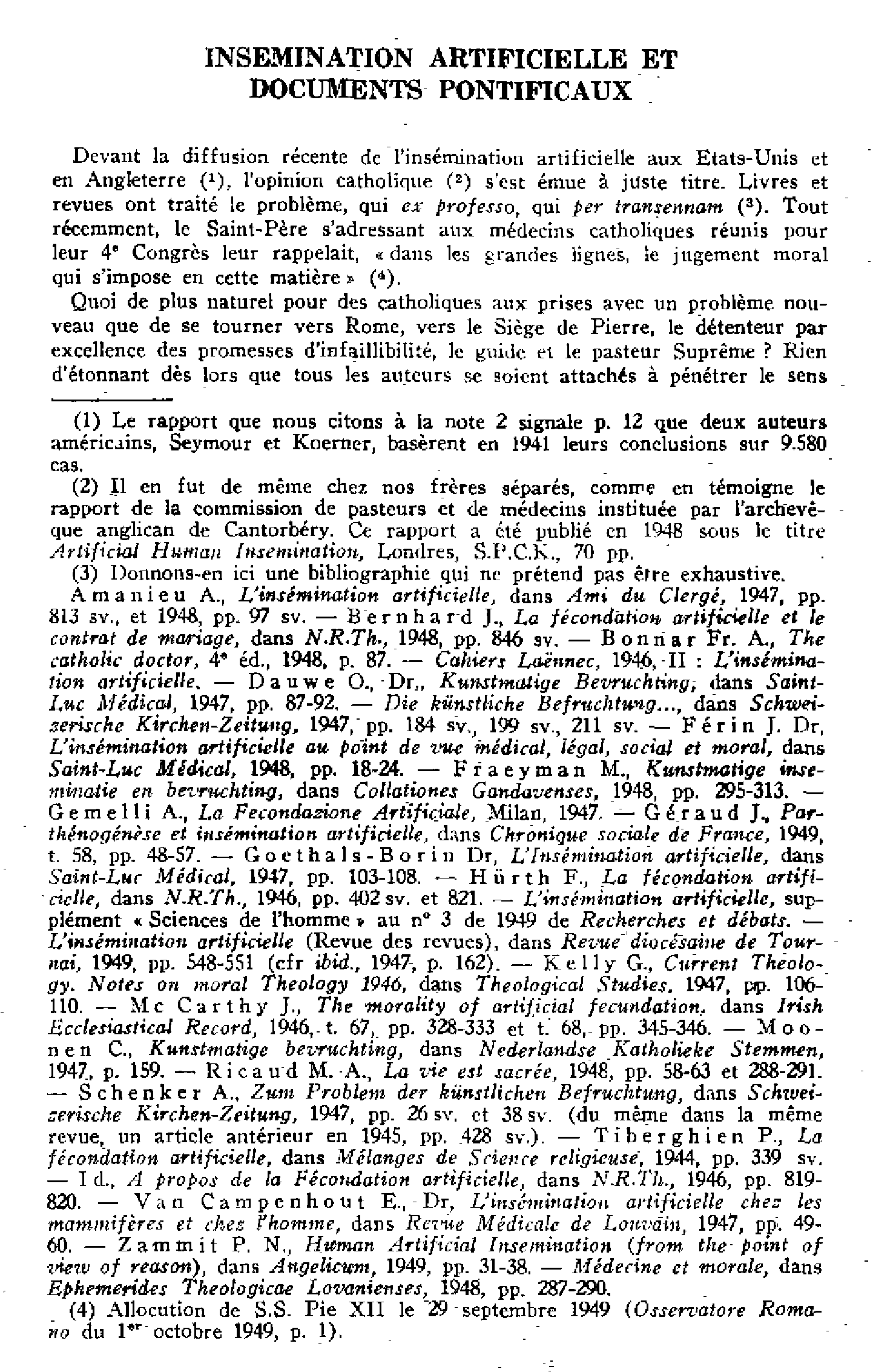 Insémination artificielle et documents pontificaux