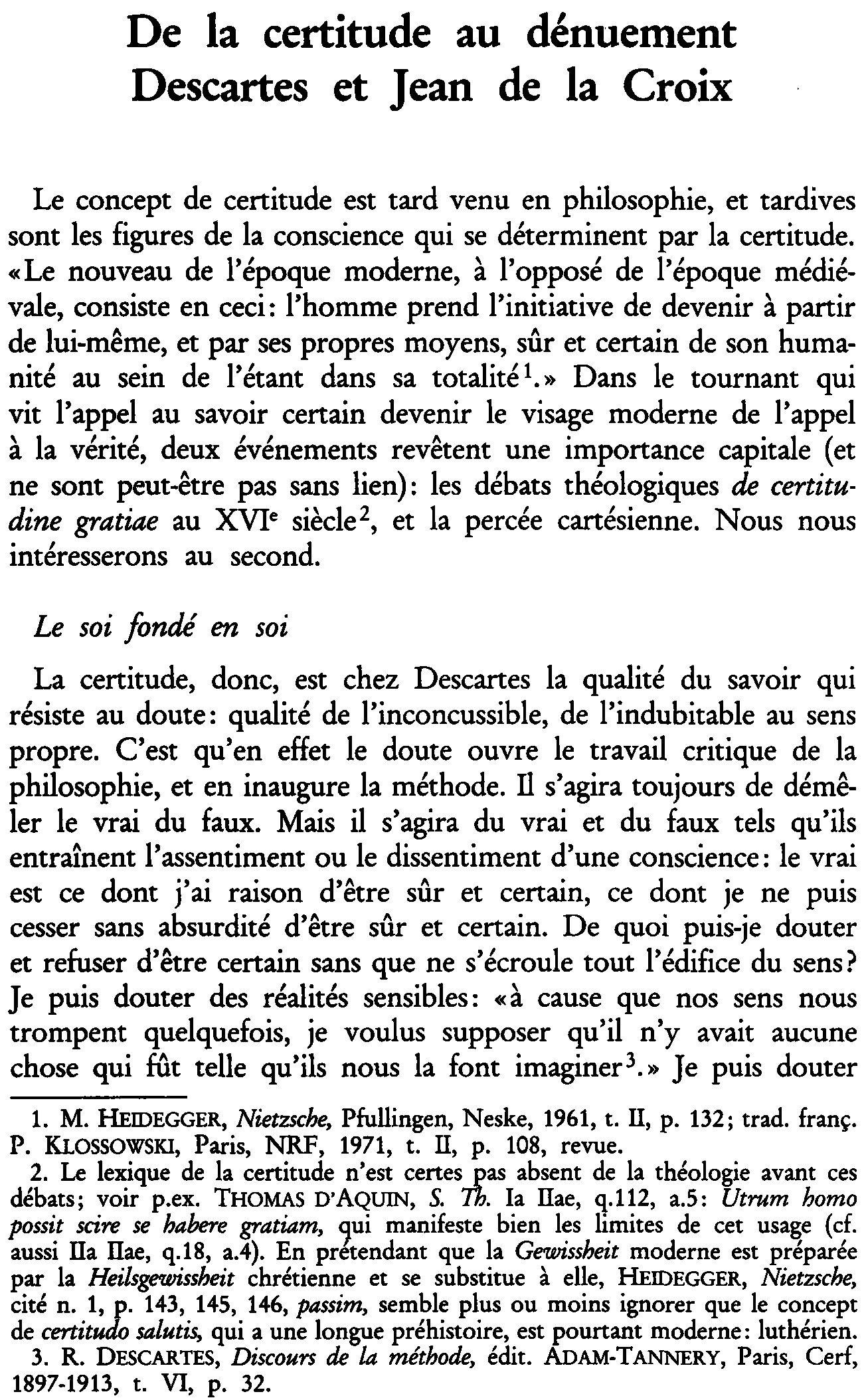 De la certitude au dénuement. Descartes et Jean de la Croix