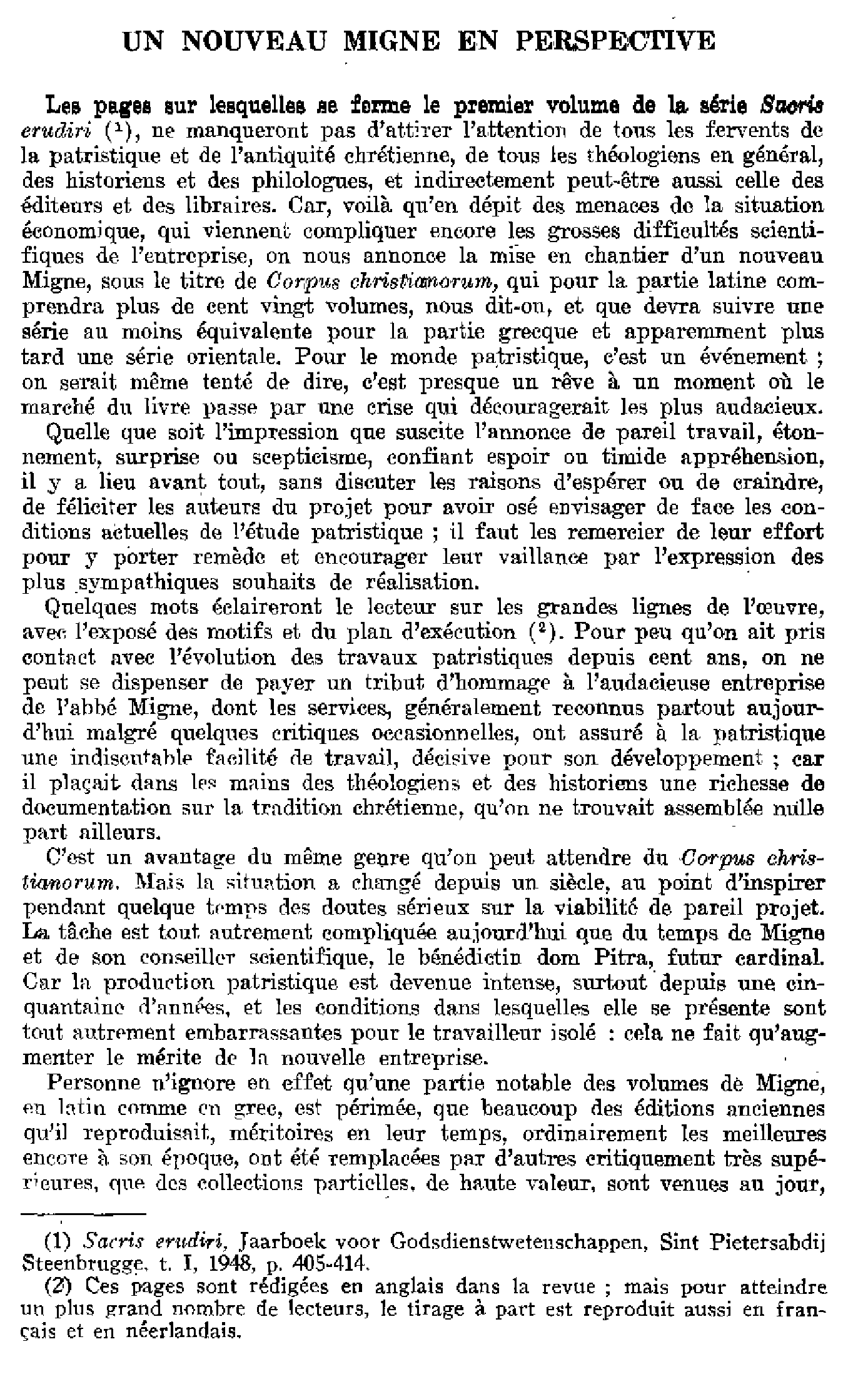 Un nouveau Migne en perspective