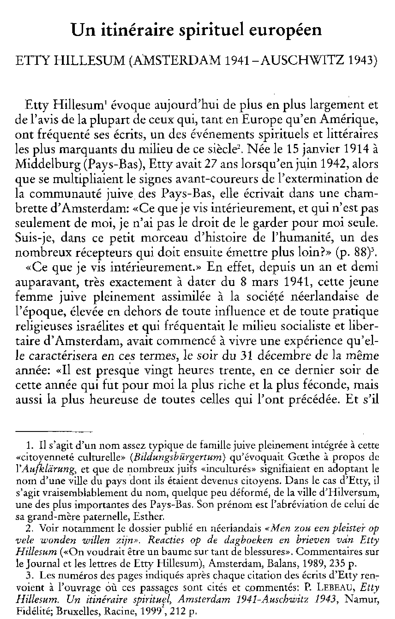 Un itinéraire spirituel européen. Etty Hillesum (Amsterdam 1941 - Auschwitz 1943)