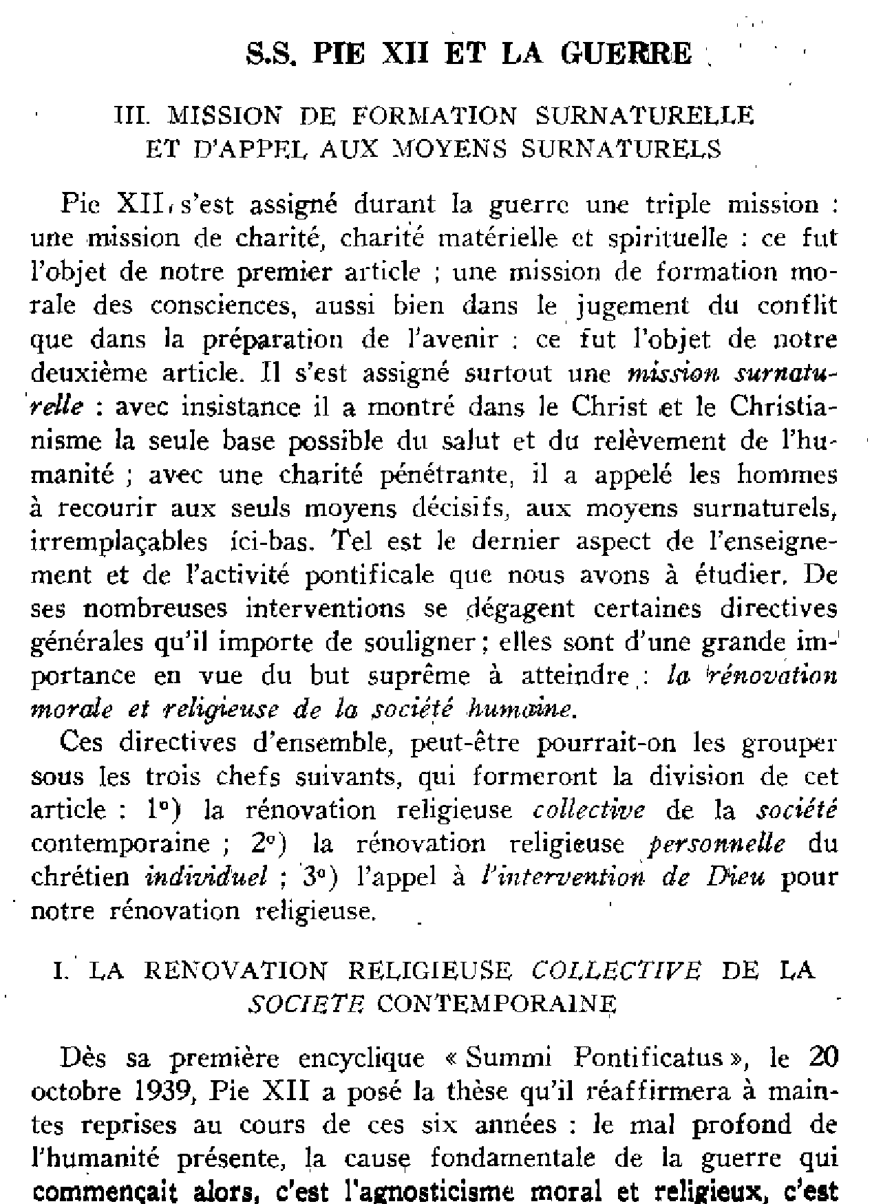 S.S. Pie XII et la guerre. III Mission de formation surnaturelle et d’appel aux moyens surnaturels