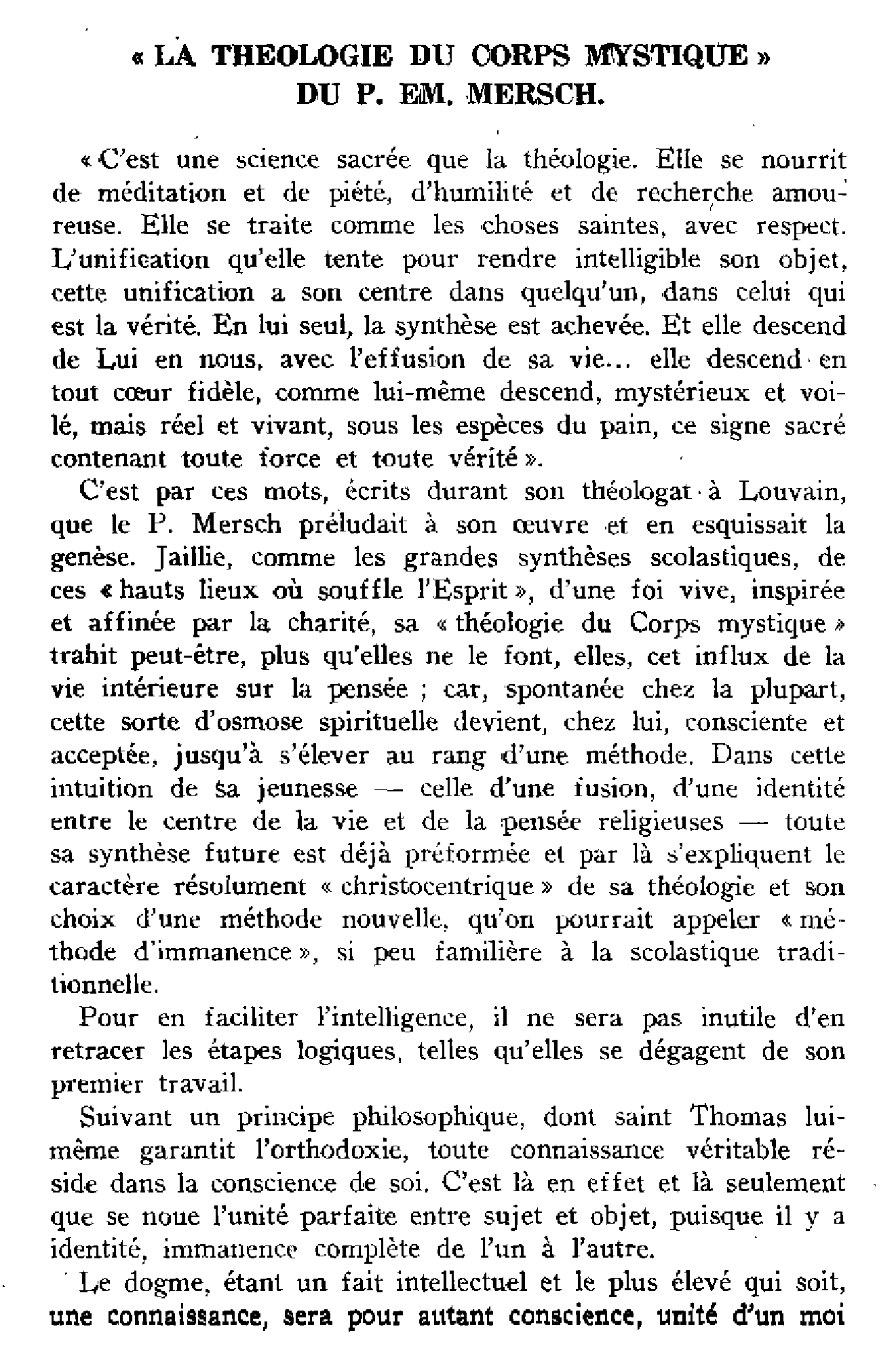 « La théologie du corps mystique » du P. Em. Mersch