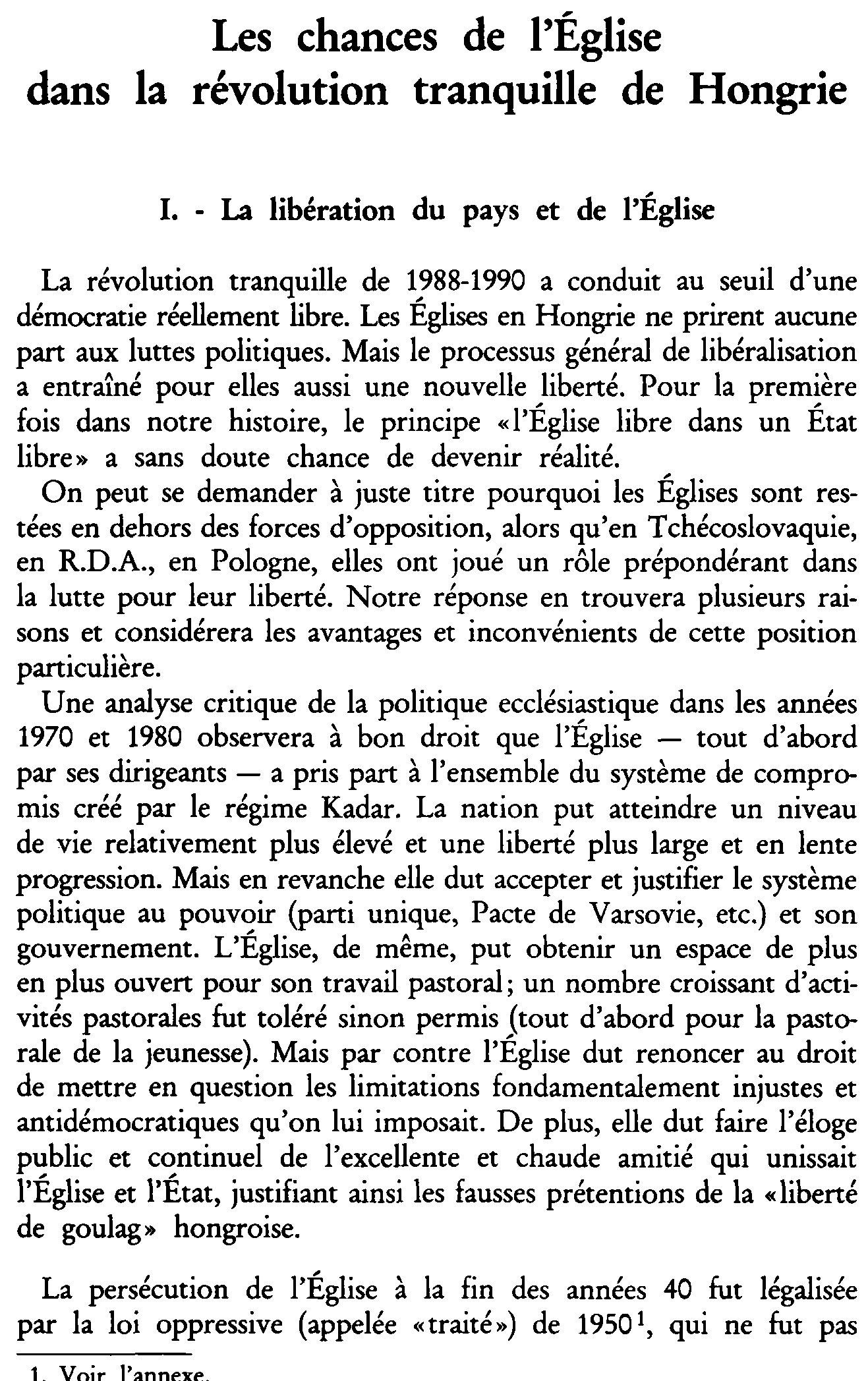 Les chances de l'Église dans la révolution tranquille de Hongrie