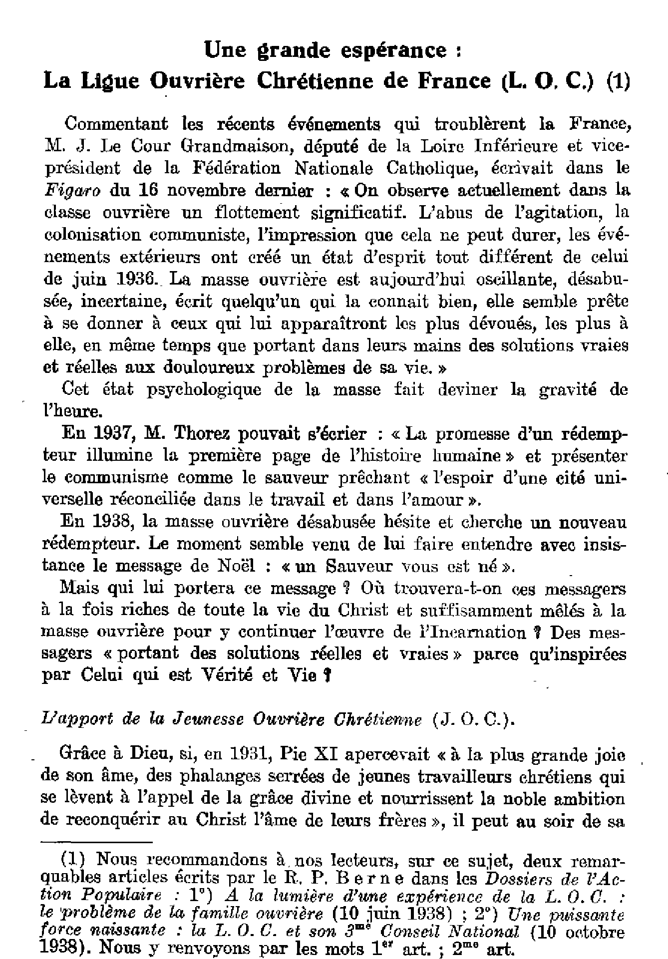 Une grande espérance : La ligue ouvrière chrétienne de France (L. O. C.)
