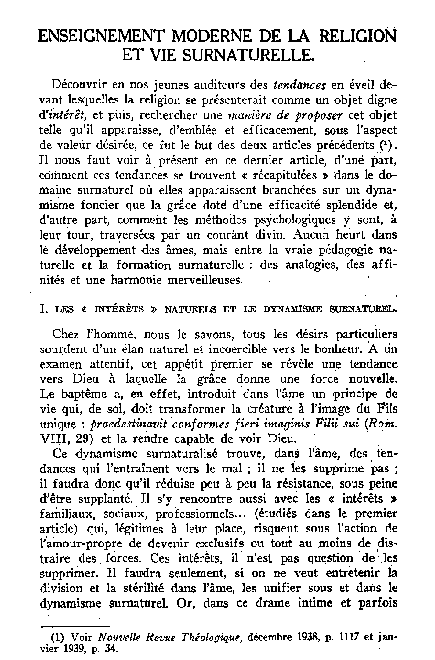 Enseignement moderne de la religion et vie surnaturelle