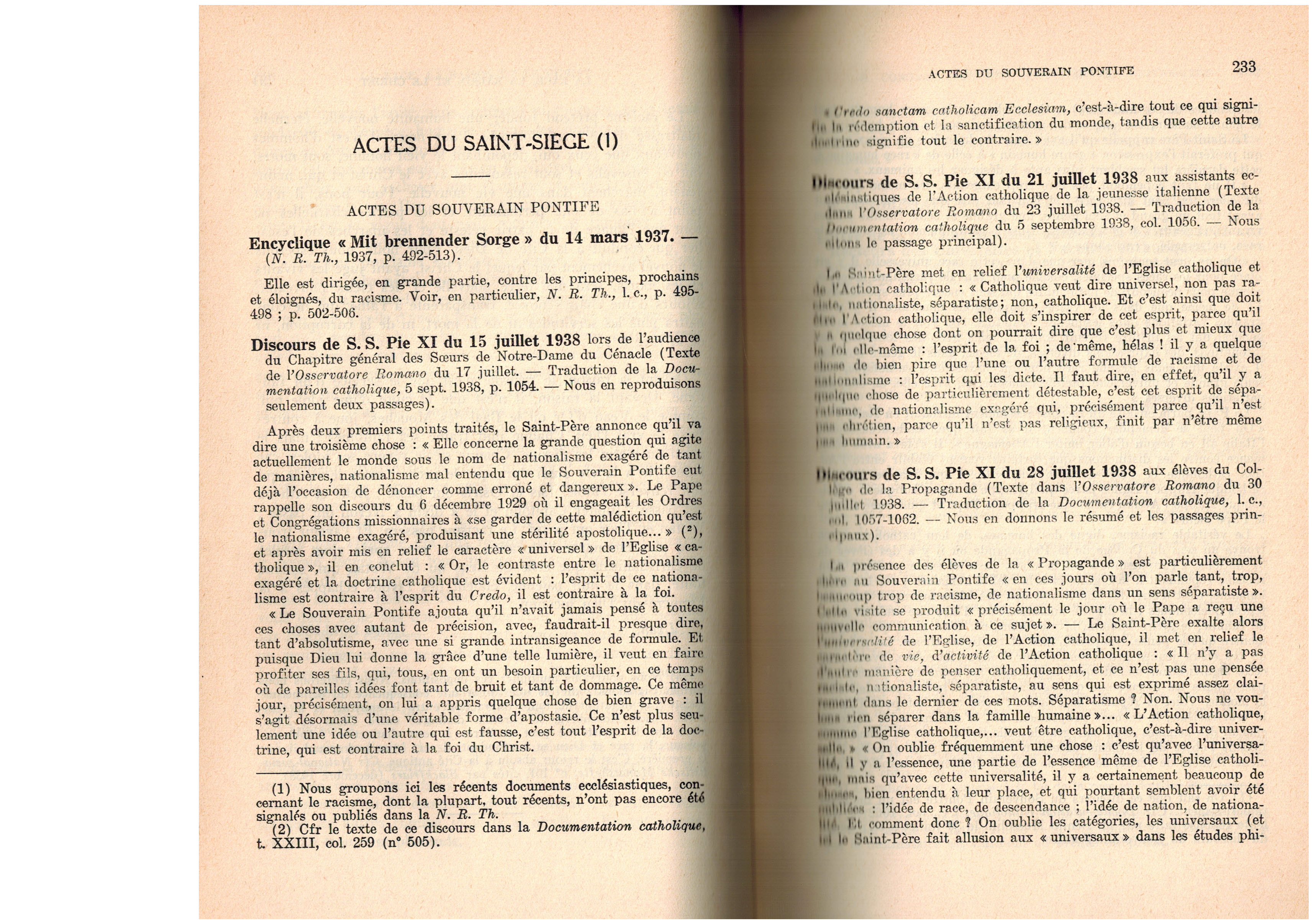 Actes du Saint-Siège sur le racisme, en 1938