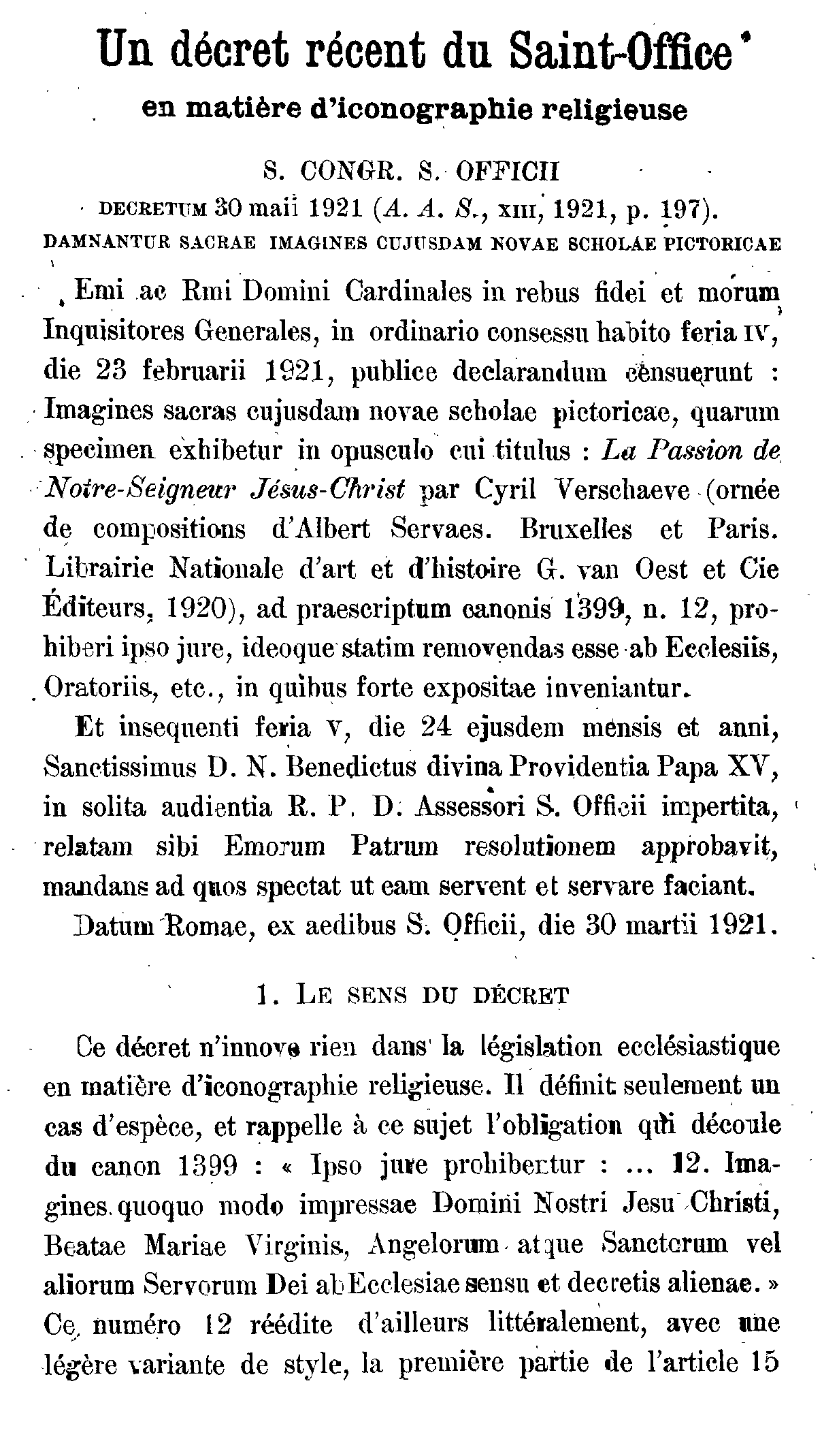 Un décret récent du Saint-Office en matière d'iconographie religieuse