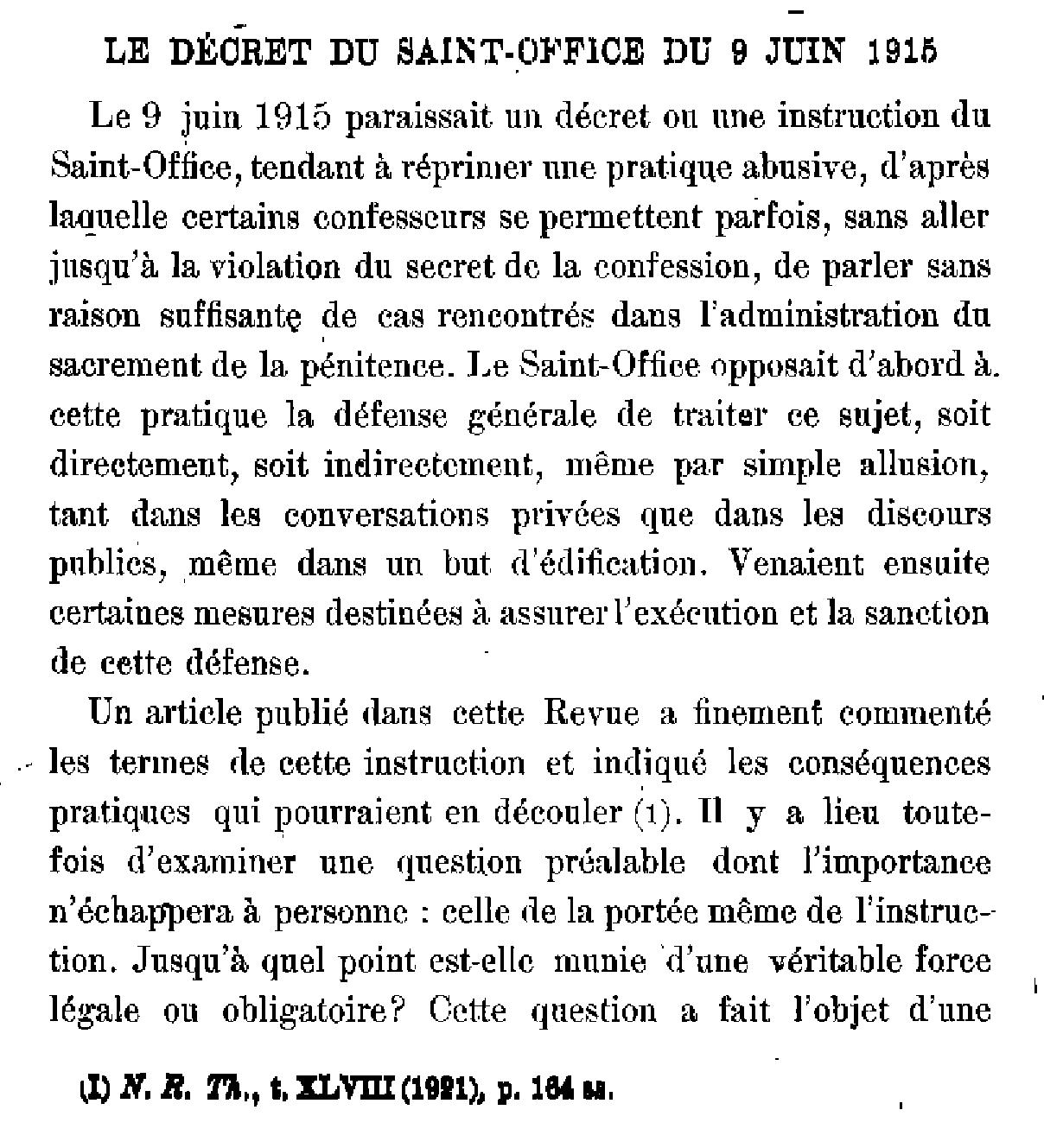 Le décret du Saint-Office du 9 Juin 1915