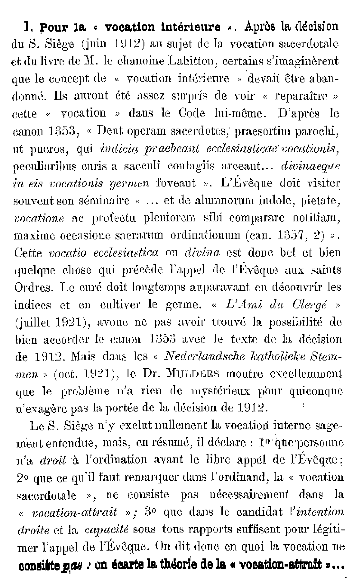 Pour la 'vocation intérieure'