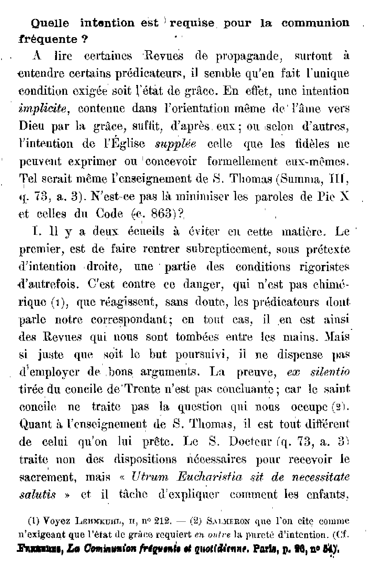Quelle intention est requise pour la communion fréquente