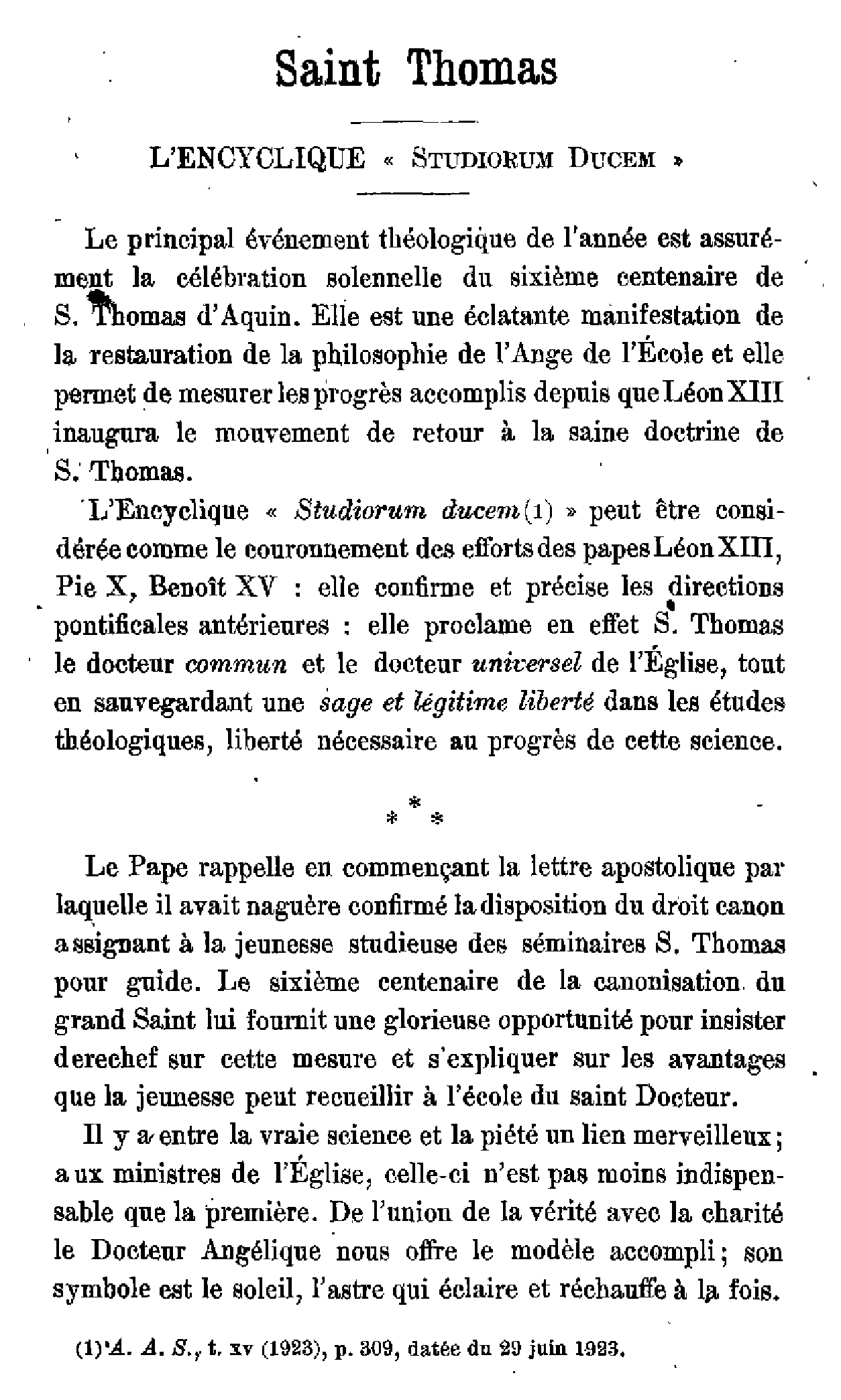 Saint Thomas. L'encyclique 'Studiorum Ducem'
