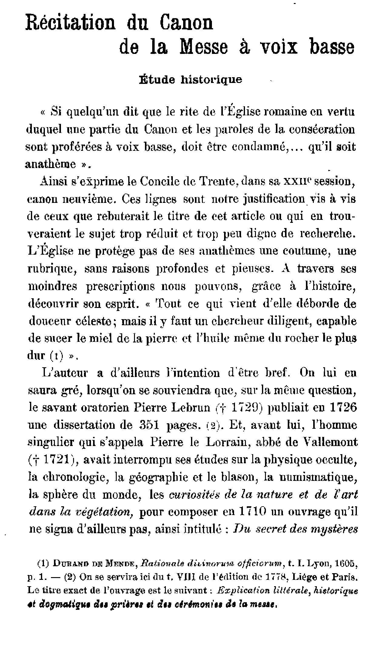 Récitation du Canon de la Messe à voix basse. Etude historique