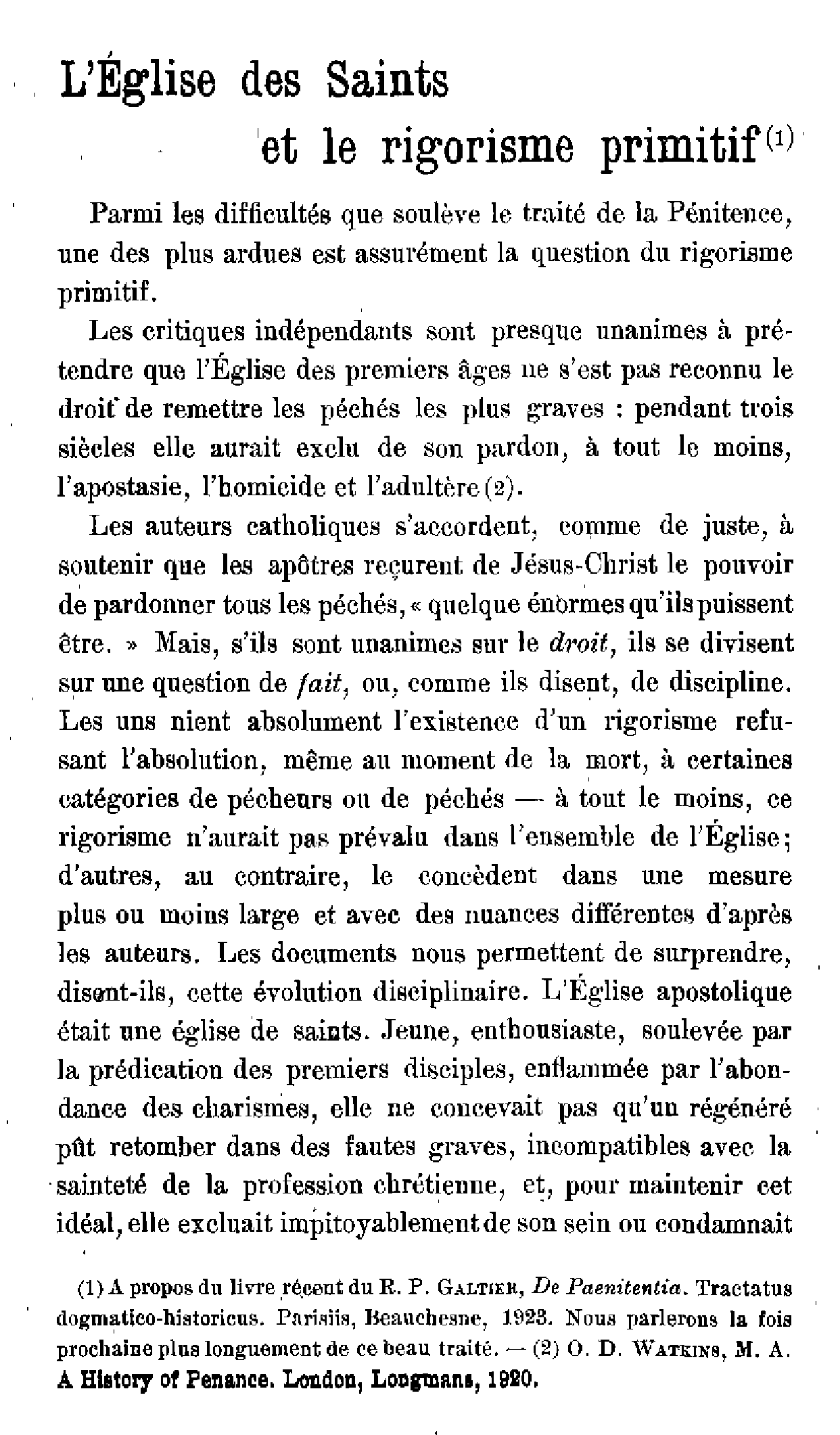 L'Eglise des Saints et le rigorisme primitif