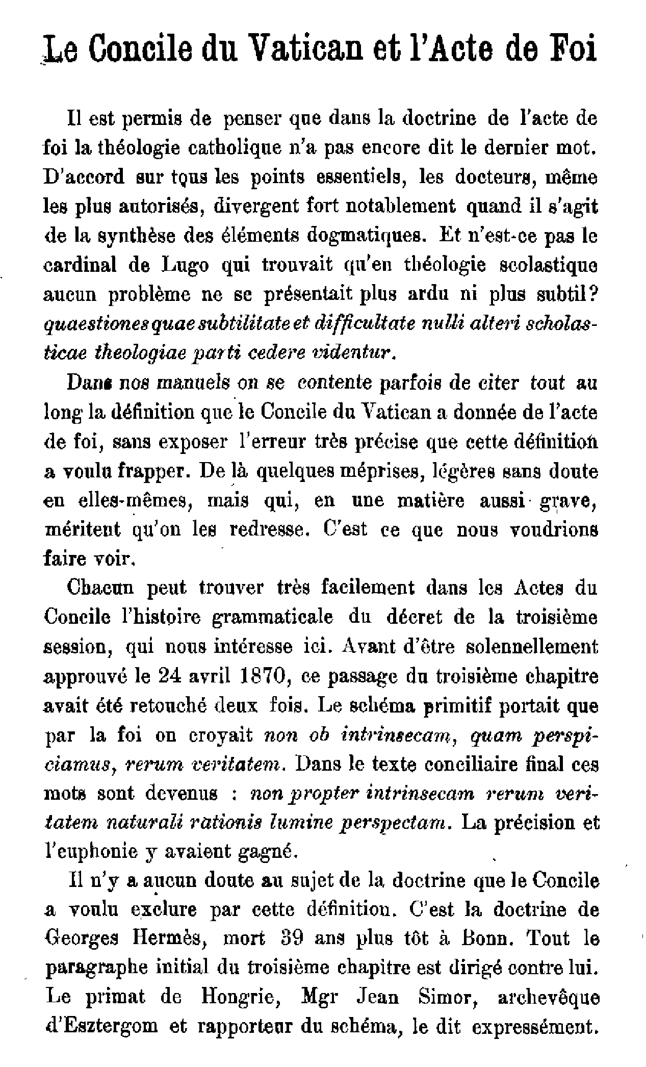 Le Concile du Vatican et l'Acte de Foi