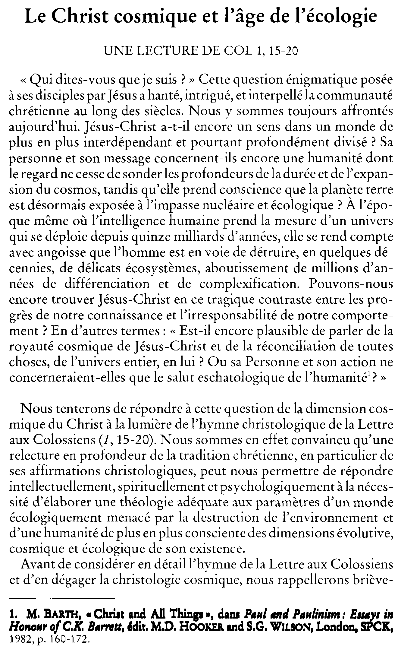 Le Christ cosmique et l'âge de l'écologie. Une lecture de Col 1, 15-20