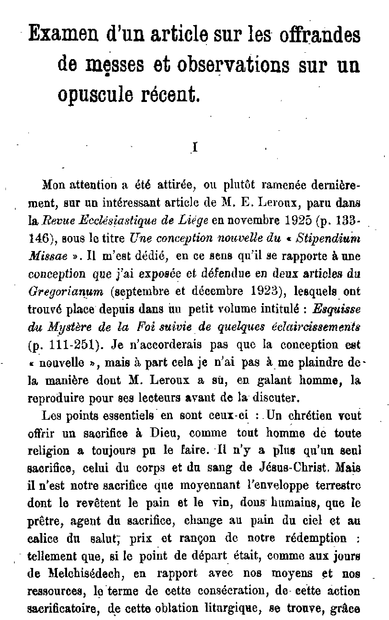 Examen d'un article sur les offrandes de messes et observations sur un opuscule récent