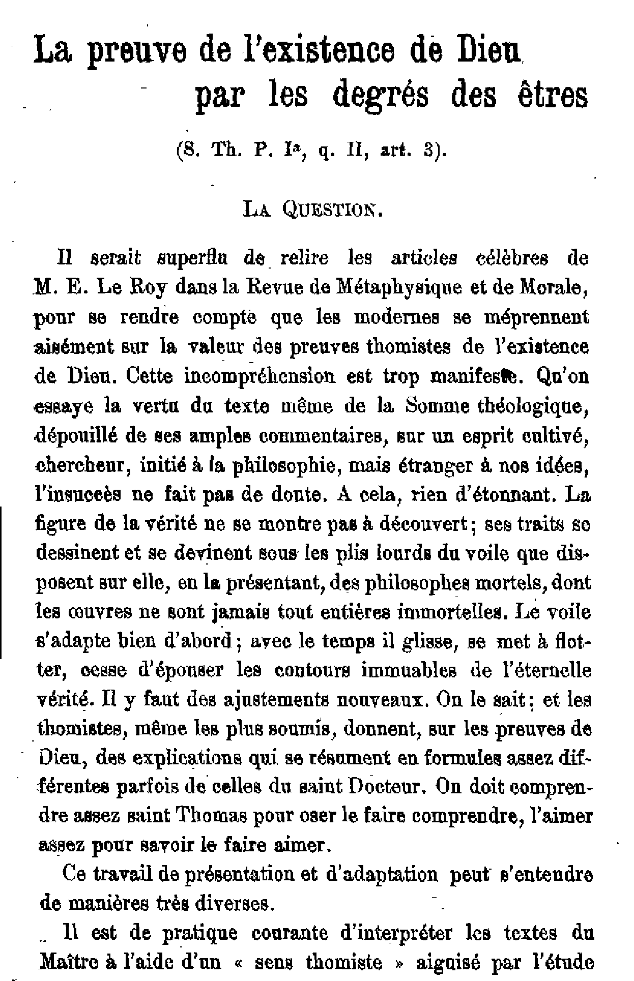 La preuve de l'existence de Dieu par les degrés des êtres (1)